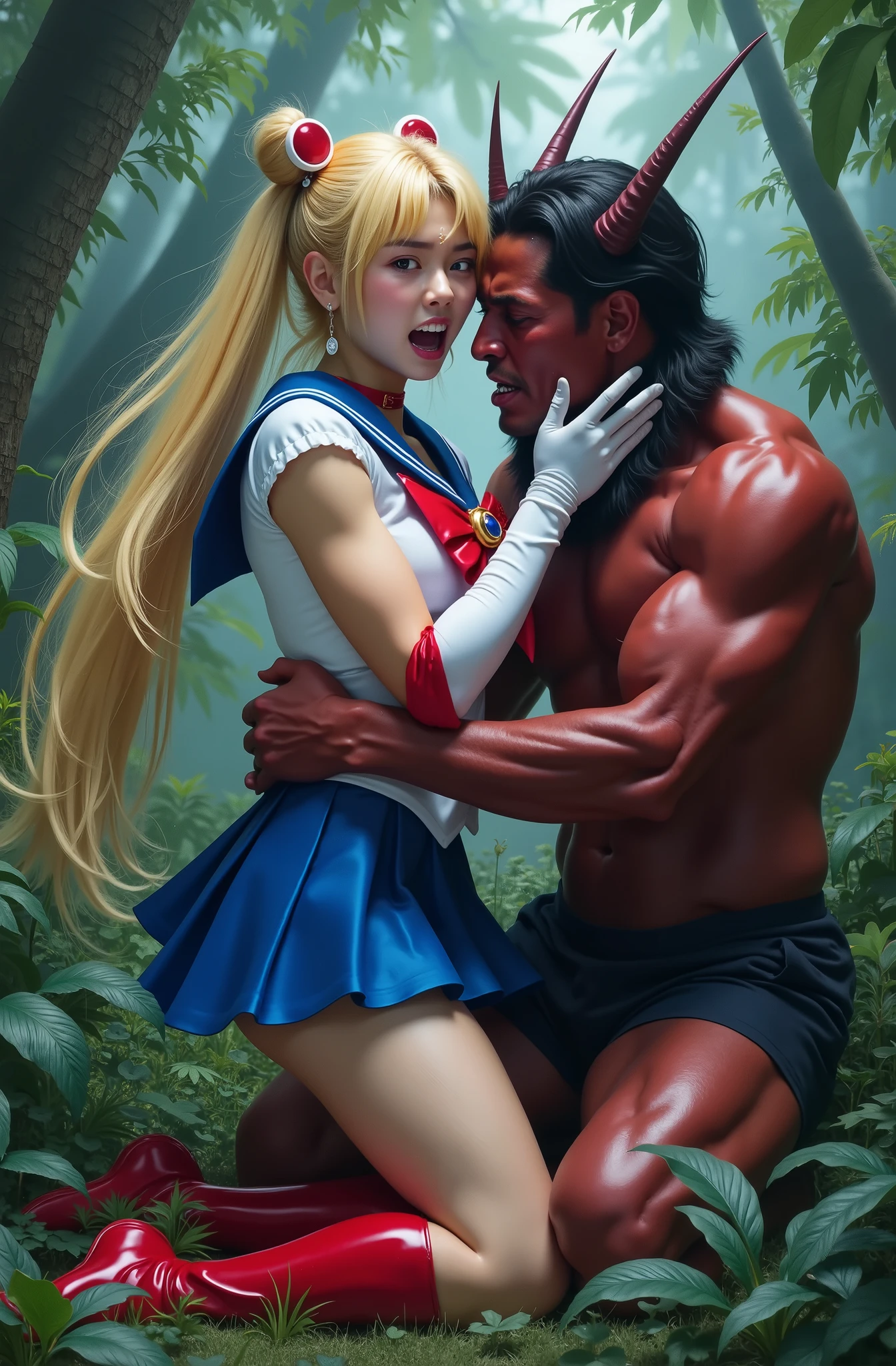 Hyperrealism, masterpiece, highest quality, A young Japanese woman is sitting on the devil lap, ((she is crying and screaming in pain)), tears from her eyes, painful face, she is wearing a Sailor Moon costume, Blue sailor collar, Blue short mini pleated skirt, she is wearing pleated skirt, blue pleated skirt, Long white gloves, shiny beige color pantyhose, red high boots, Exposed thighs, red long boots, big choker, long blonde Hair, a devil is kneeling sexual assault her, the devil is hugging her tightly and touching her leg, the girl push his hand out, in the jungle,