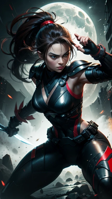 8K,Black-haired female demon slayer,Super Beauty(Like the real thing),Sexy Demon Slayer Costume,Toned, muscular body,Holds a long and large spear,Perfect Anatomy,charm,Volume measurement,Body balance,Digital single-lens reflex camera, Soft lighting, Detailed Background, Written boundary depth, Volumetric lighting, Sharp focus, Absurd, Realistic proportions, Excellent anatomy, (Realistic, 超Realistic:1.4), 16K HDR, dawn,A High Resolution,super Realistic 肌,Super beautiful expression,Fantasy art,Character Art,Wind effects:1.9、Cloud Effect:1.2、Full Rendering、Professional quality high resolution、Perfect contrast、Perfect lighting、Perfect composition、Perfect Skin、Perfect Fingers、Perfect breasts、Perfect Hair、Perfect Face、Realistic facial features,super highest quality,Slim figure,Perfect body line,Perfect hand shape,Anatomical body balance,Highly detailed face,Highly detailed eyes,Beautiful Lips,Excellent light particles,Cinema Lighting,Makeup,Ultra-high resolution,Ultra-Realistic Skin,Muscle Body,Hard and strong abs,Combat trousers,Black and red battle outfit,Angry expression,Combat Ready,Overflowing with power,