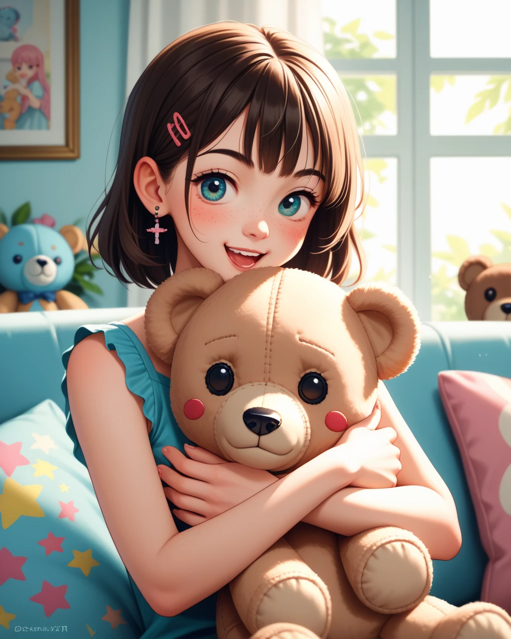 A -yeld giwith long black hair and almond eyes (wearing clothes with the print of the affectionate bears, care bears, cartoon) a faint smile.