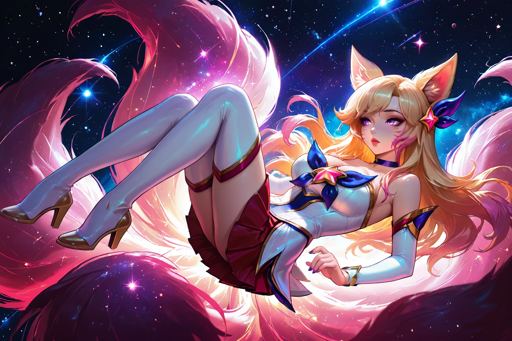Ahri, spirit blossom, cat ears, full body, white tails, galaxy background <lora:Ahri:.65>
