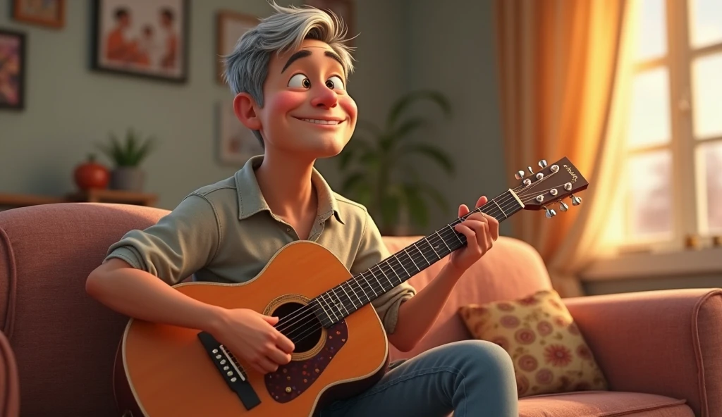 Disney Pixar style 2-year-old girl sitting on a couch with a guitar.