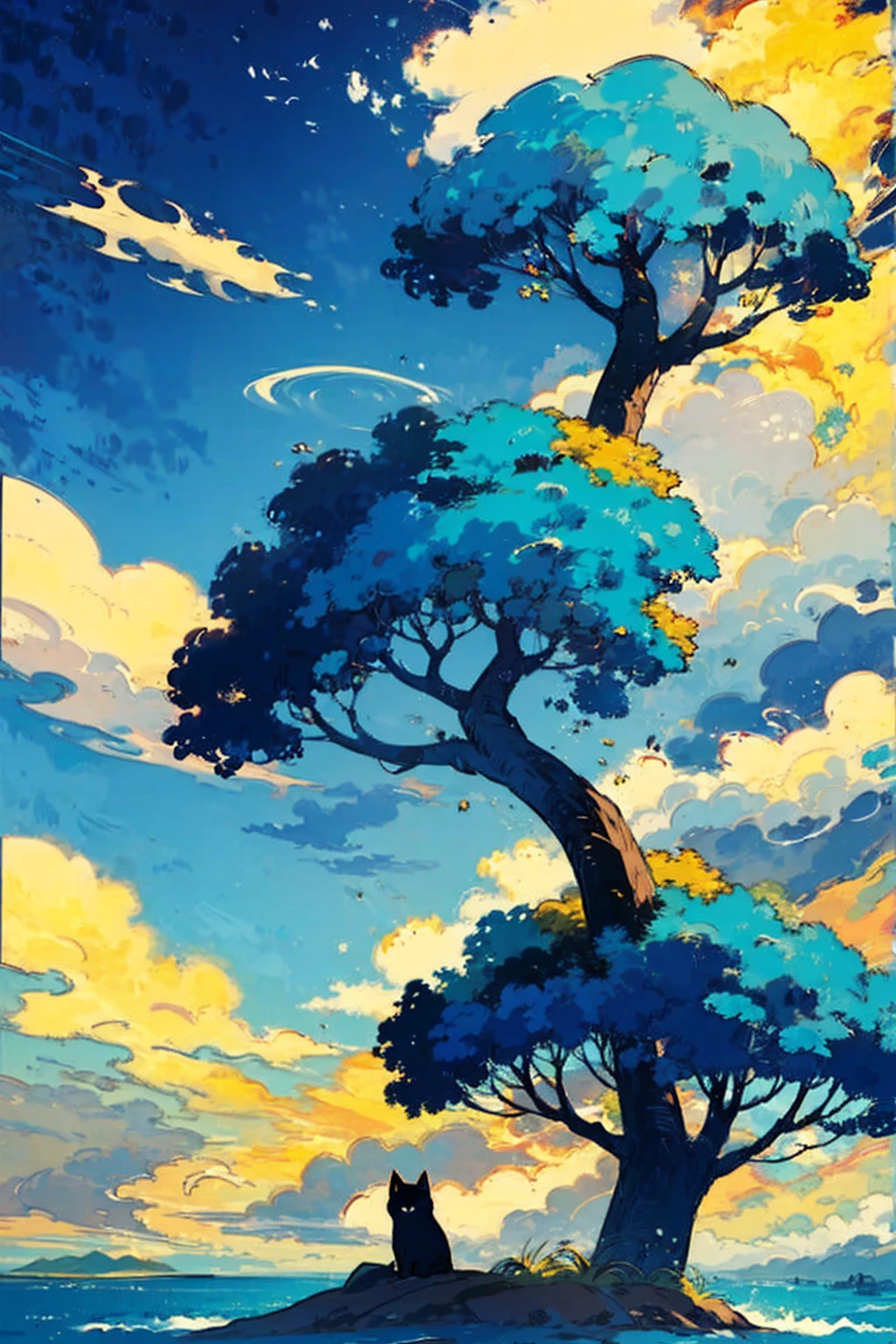 tree, cloud, null, outdoor, Home, day, smile, blue null, aqua background , Wide range of colors, flat color, flat style , ocean, (masterpiece), (best quality), Cat