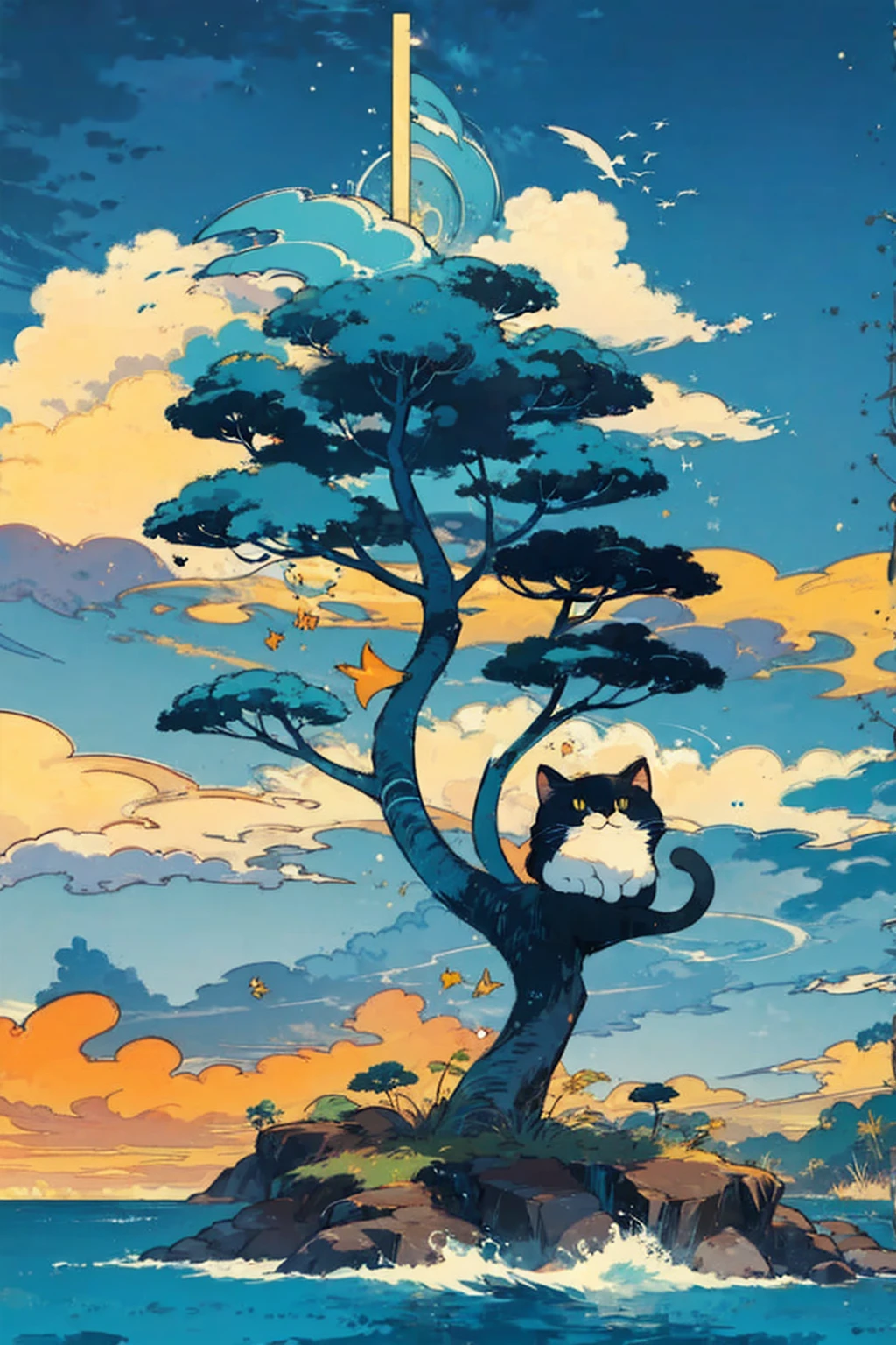 tree, cloud, null, outdoor, Home, day, smile, blue null, aqua background , Wide range of colors, flat color, flat style , ocean, (masterpiece), (best quality), Cat