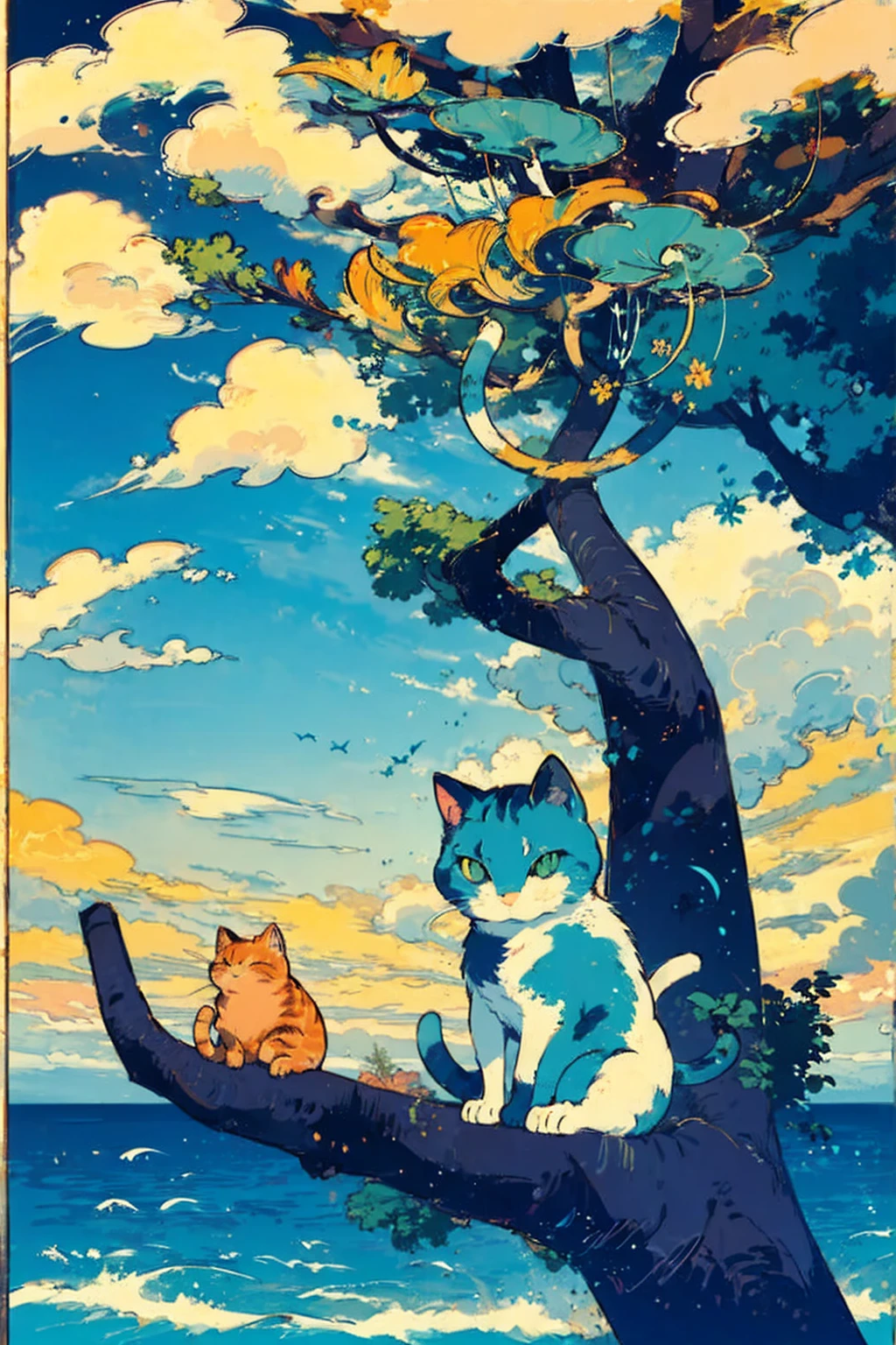 tree, cloud, null, outdoor, Home, day, smile, blue null, aqua background , Wide range of colors, flat color, flat style , ocean, (masterpiece), (best quality), Cat