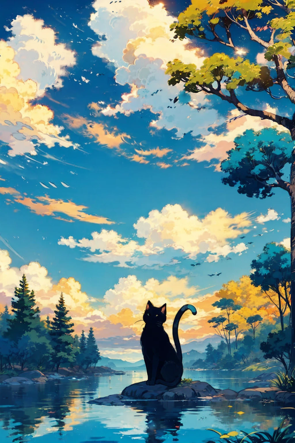 tree, cloud, null, outdoor, Home, day, smile, blue null, aqua background , Wide range of colors, flat color, flat style , ocean, (masterpiece), (best quality), Cat