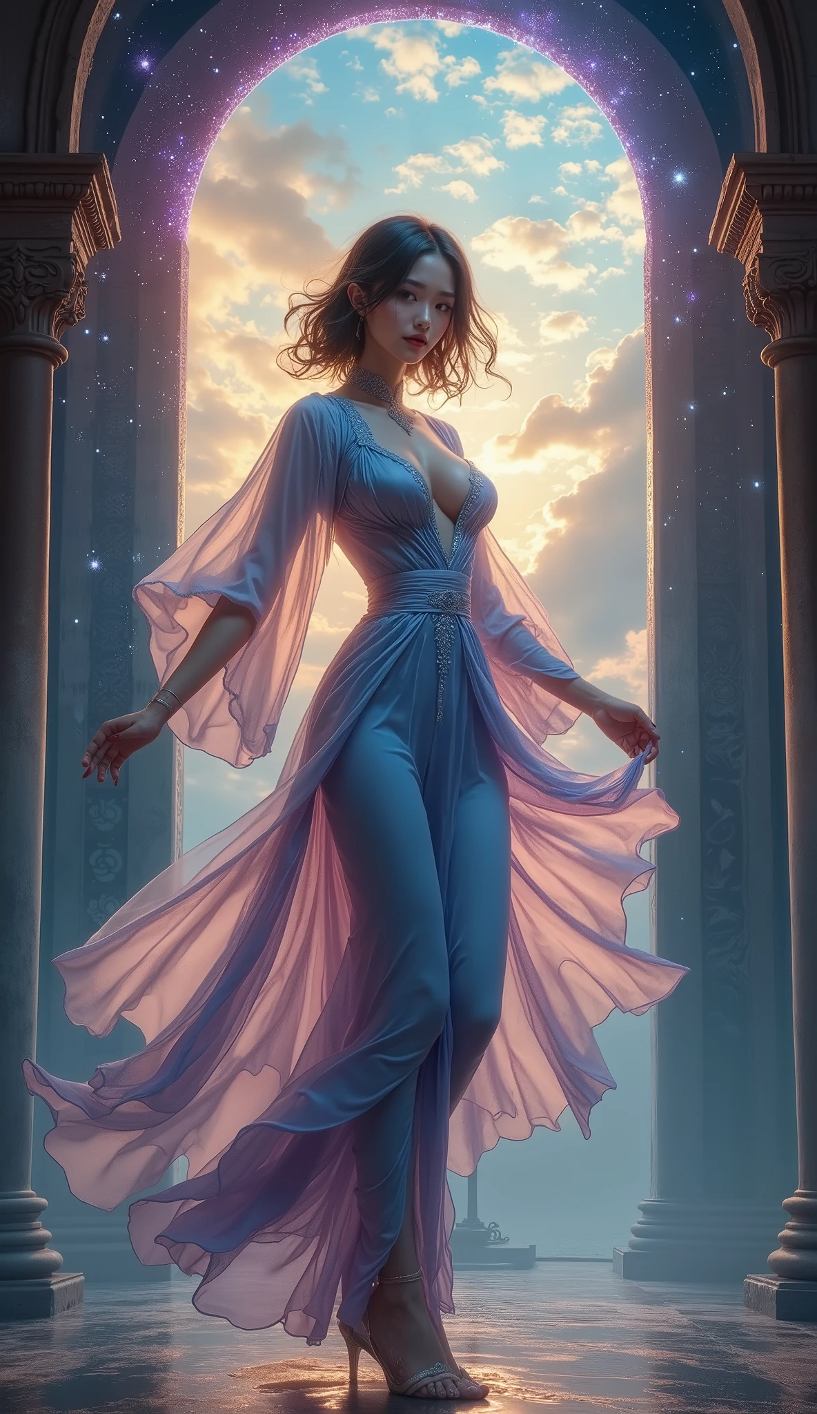 Greatest Masterpiece、Top Quality、8k,Ao dai(woman), I was wearing a transparent, ((, Deep cleavage 、))、(((Dance with A Glowing Portal in the background))), (((full body shot)))、 、、 fantastic sky 、Different space