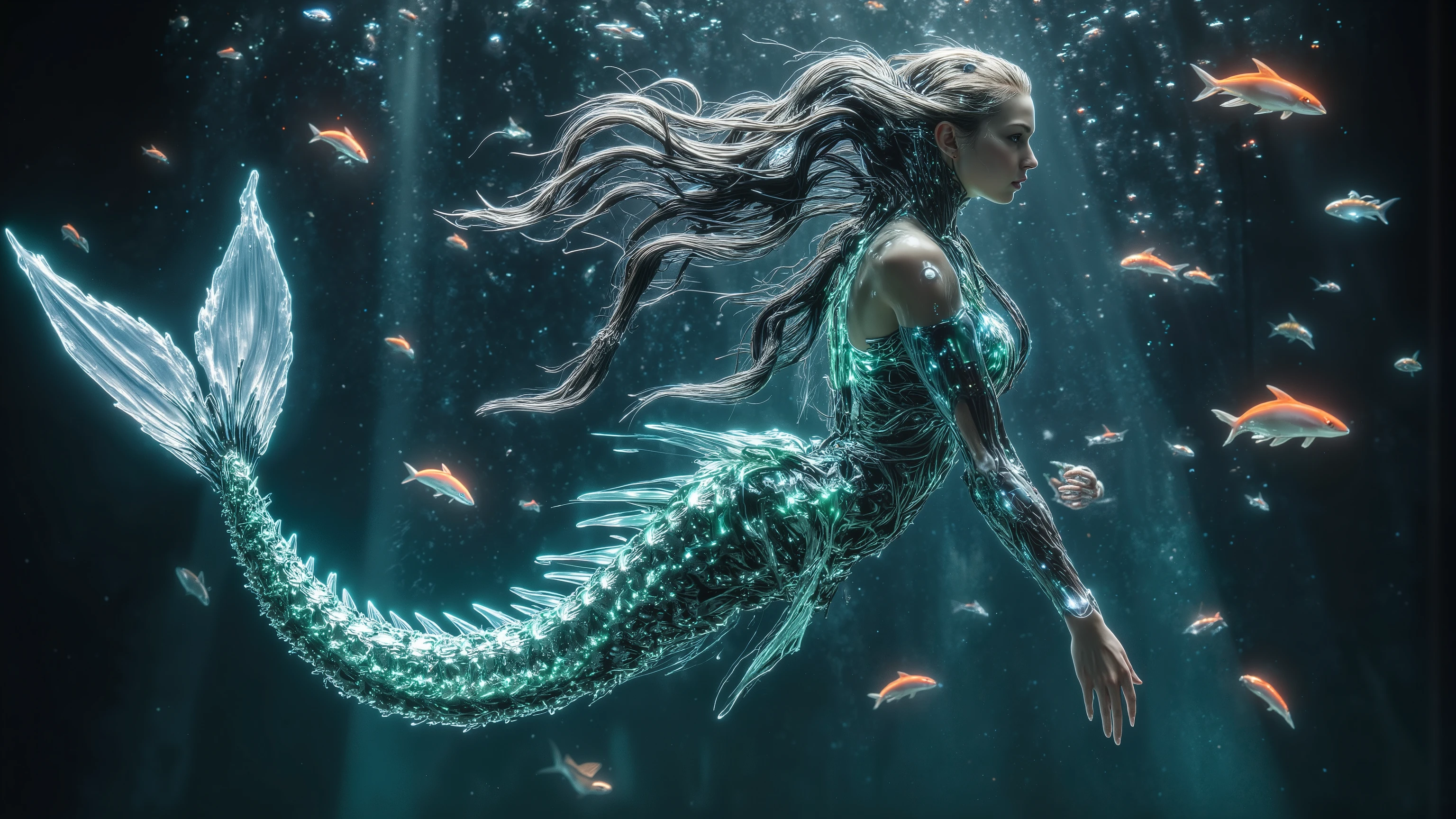 Ultra-realistic, cinematic 4K, full-body view from head to toe of a cyberpunk warrior embodying Pisces, a mystical digital wanderer with glowing aqua-colored fish-scaled cybernetic enhancements. Flowing cablenetics hair, Her body appears semi-transparent, shifting between digital and physical form. She swims through a holographic ocean, neon fish swimming beside her. Photorealistic rendering, cinematic lighting, mermaid fins-legs, detailed hands, looking toward camera
