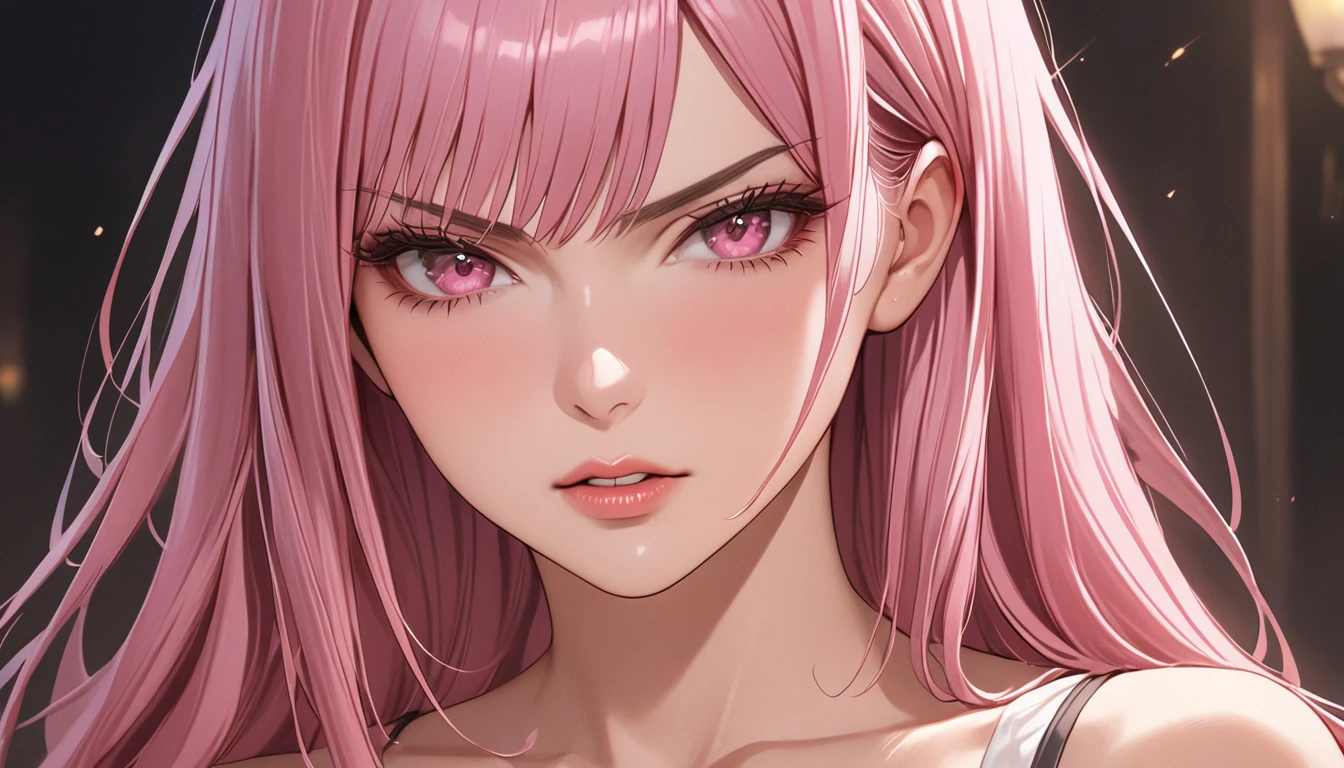 1girl,jewelry,earrings, hair,flower,looking at viewer,portrait,parted lips, eyes,bangs,crown,collarbone,eyelashes,short hair,makeup,red lips,lips,tiara,solo,solo focus,lipstick,yellow flower,, more prism, vibrant color, ,,HoloDayo XL
an anime anime character with pink hair holding a red dress in the dark, solo, 1girl, long hair, pink hair,red eyes ,