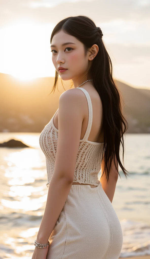 Ultra-detailed 8K photos of Japanese gravure models，Shoulder-length wavy hair and striking hazel eyes. She strikes a seductive pose on a tropical beach, dress chicly, Vest,  mini skirt, The afterglow of the setting sun casts a warm light on her, when she naughtily, Looking at the camera, Surrounded by peaceful and beautiful ocean and palm trees