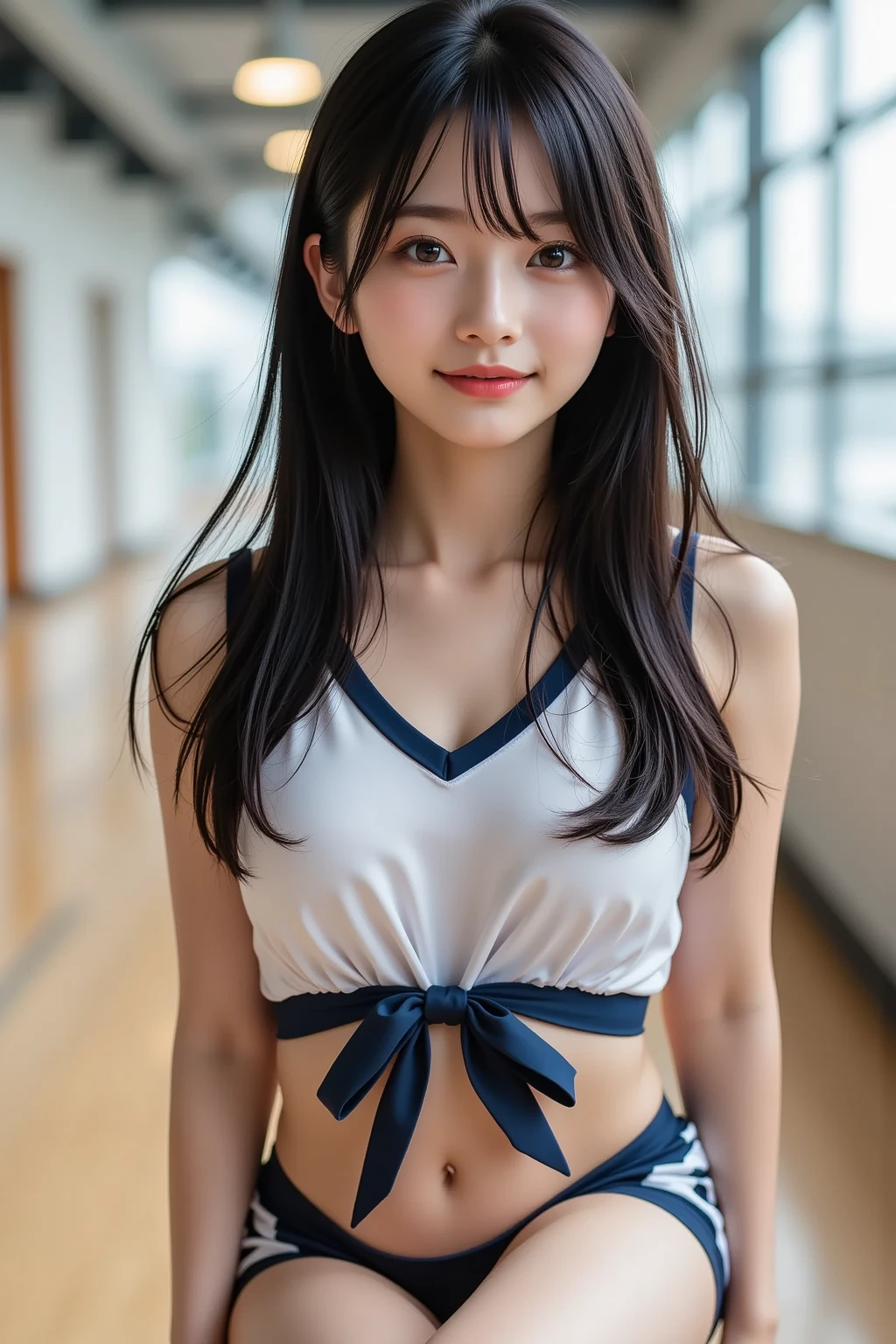 (people々classroom full of),Amazing,Highest image quality/ultra high definition,girl,slender,(Middle school students),(Yellow Bra),(navy pleated skirt),(Navy blue skirt,(Navy blue skirt,(Beautiful hair, beautiful eyes)),((cute smile)),high contrast,(photorealistic:1.4),looking at the camera,(flash)、Upper body、 beautiful breasts、Anatomically accurate body、