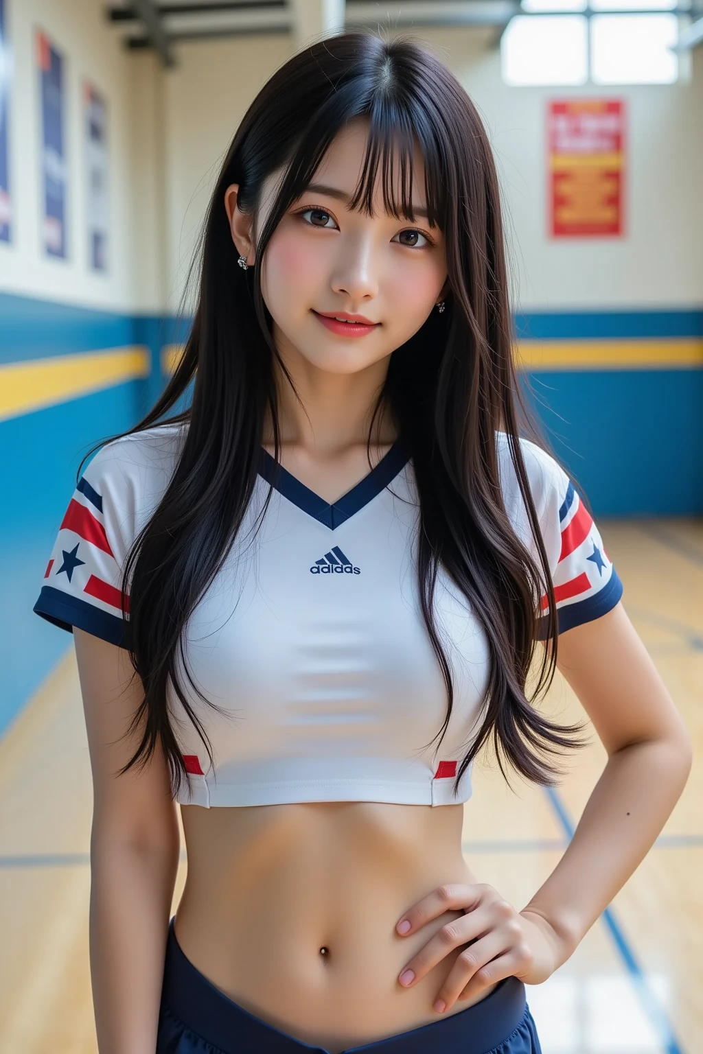 camel toe:1.8, Front Body Shot:1.9, shy smile:1.2, field athlete, Standing on the athletics stadium, spread your legs:1.5, Standing facing forward:1.9, looking at the viewer, spread your legs:1.3, Wearing a seamless separate field uniform, tight fit panties, short torso:1.3, thin, medium breasts, Stomach, ((thin:1.3)), ((long hair)), (((small ass))), parted bangs, (highest quality, 8K, 32K, masterpiece, UHD:1.2),Photo of Pretty Japanese girls(Japanese:1.2), realistic,(17 years old:1.2),(highest quality, 8K, 32K, masterpiece, UHD:1.2),Photo of Pretty Japanese girls(Japanese:1.2)