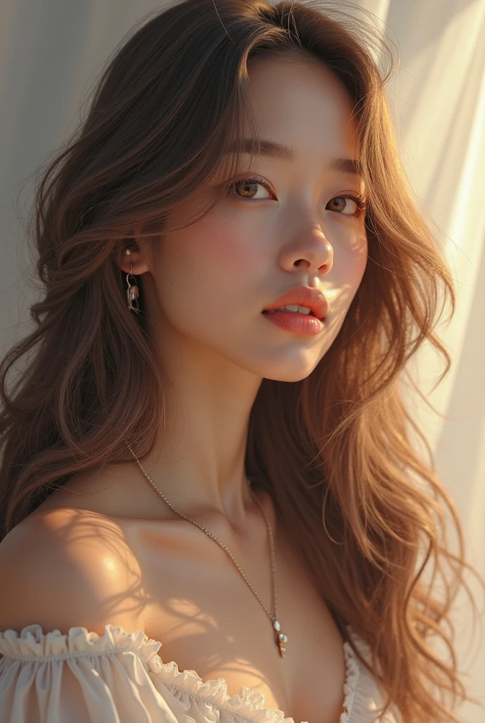 Best quality, masterpiece, ultra high res, (photorealistic:1.4), raw photo,1girl, solo, realistic, looking at viewer, upper body,simple background, black dress, off shoulder, <lora:makina69_bora_v1.0:1>, long wavy hair