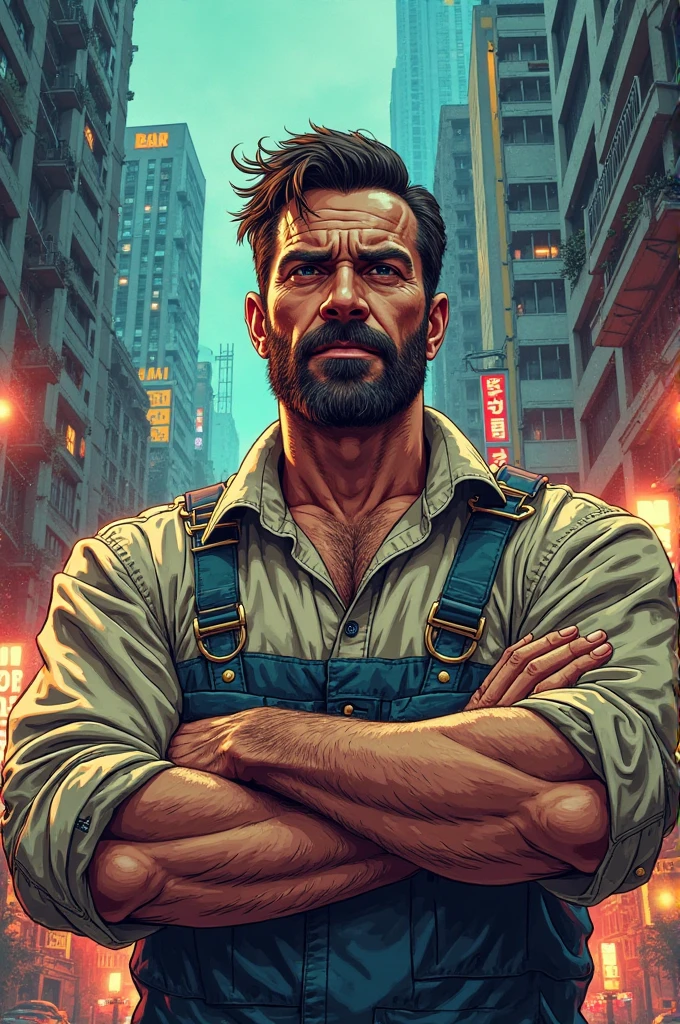 Realistic Digital Painting with Concept Art Elements"," digital painting," "concept art," "realistic," "high detail", "1boy", "muscular",, "high-res", "ominous aura,", "8k resolution", "oil painting", "darker tone" , "little saturation" ,"dark feeling", "dirty artsyle", "concept art" , "1man" , "muscular body type" , "tight-shirt" , "upper body side shot" , "scars over arms", "shorts", "cold eyes" "stubble beard( facial hair which is a short growth of beard, aimed to project a rugged masculine or deliberately unkempt appearance)" , "intimidating looking" , "hot", "Cashier" , "smiling" , "convenience store",