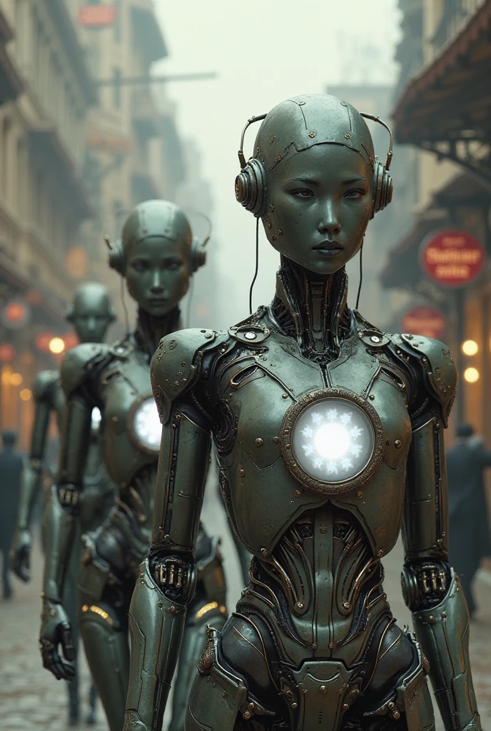 Mechanical robots, their face is made of human skin, so they look like handsome men. Inside their body is a white crystal. They patrol a 19th-century city