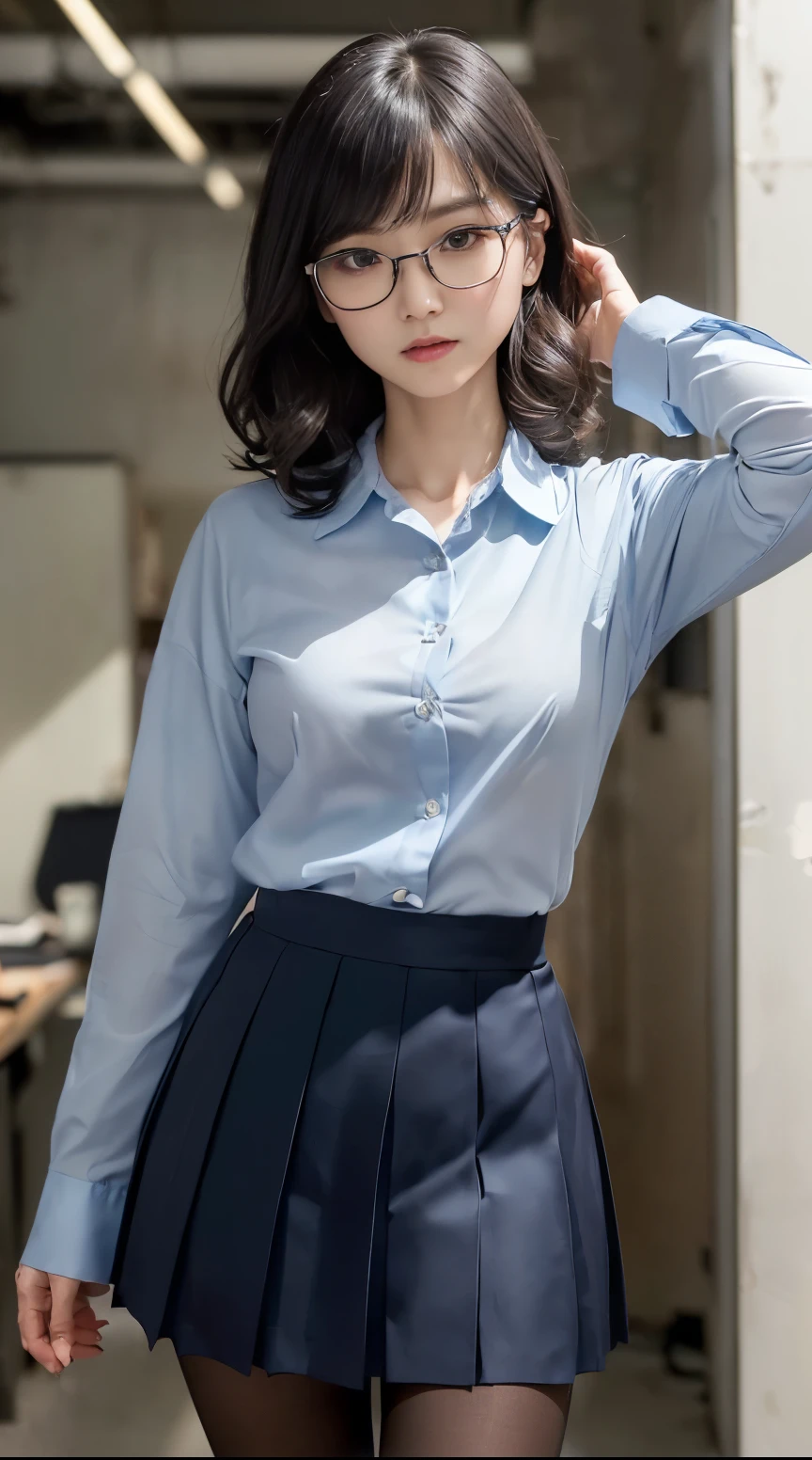 (masterpiece), (Highest quality), (High resolution),Realistic skin texture, Perfect Face, Realistic, Perfect hands, Perfect finger count, Japanese, Girl, (20-year-old), Big Eyes, Brown eyes, Platinum Blonde Hair, bangs, ponytail, Big hair ribbon, Small face, Crying face, ((White button-up shirt, Flat Chest, tie, Mini Pleated Skirt)), Are standing, Cute pose, In an abandoned house, Litter