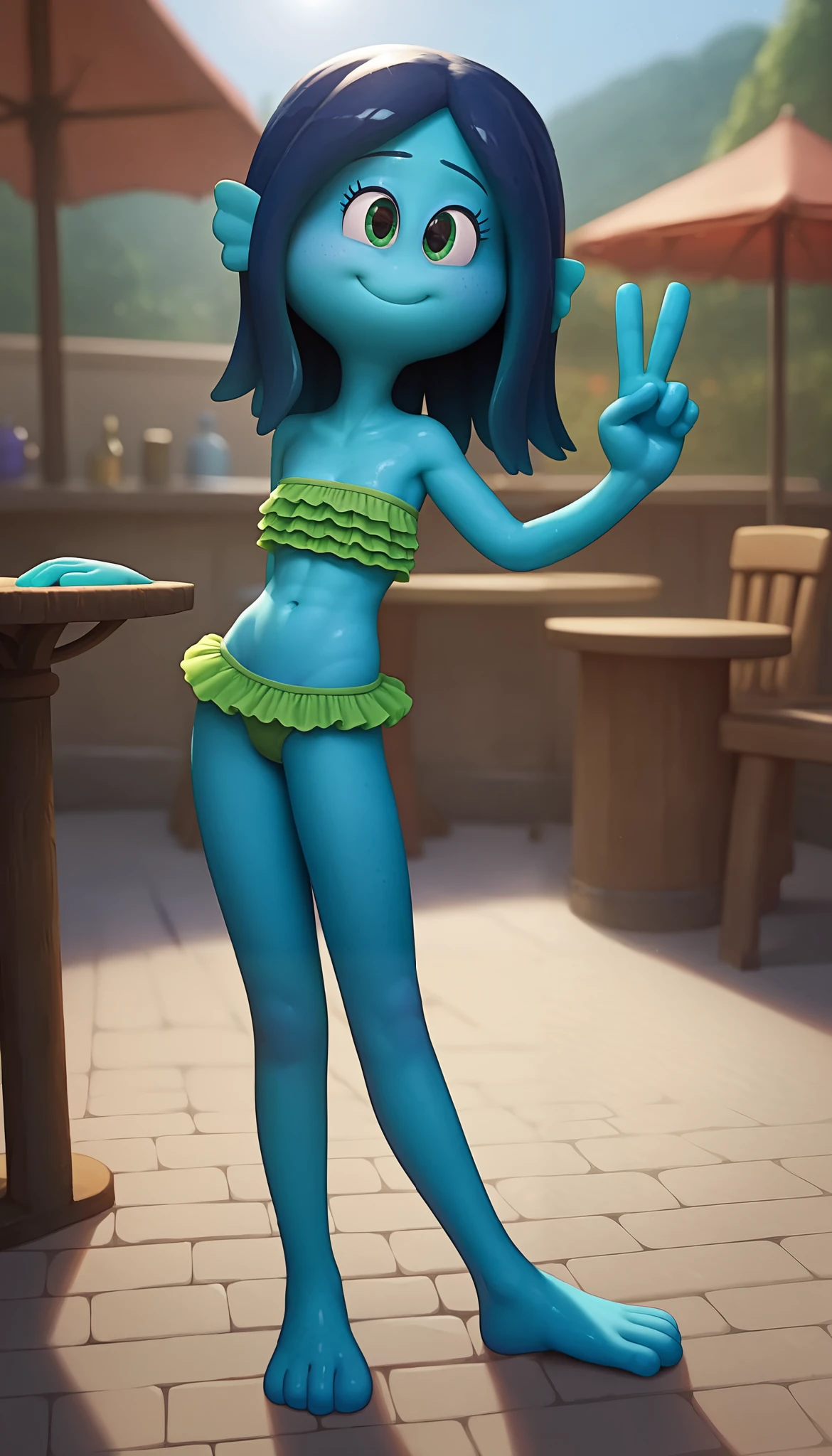 Oc,The Mask,a skinny buff femboy man,bald,big green head,thick,normal skin,normal human body,in an 90’s style. He’s androgynous , fullbody,including some toons features and a sensual , cool expression.The scene has a cool,sweet,Looney Tunes/Animaniacs/Tex Avery/Cool World style and a vibrant tone. Crazy world setting in the background.