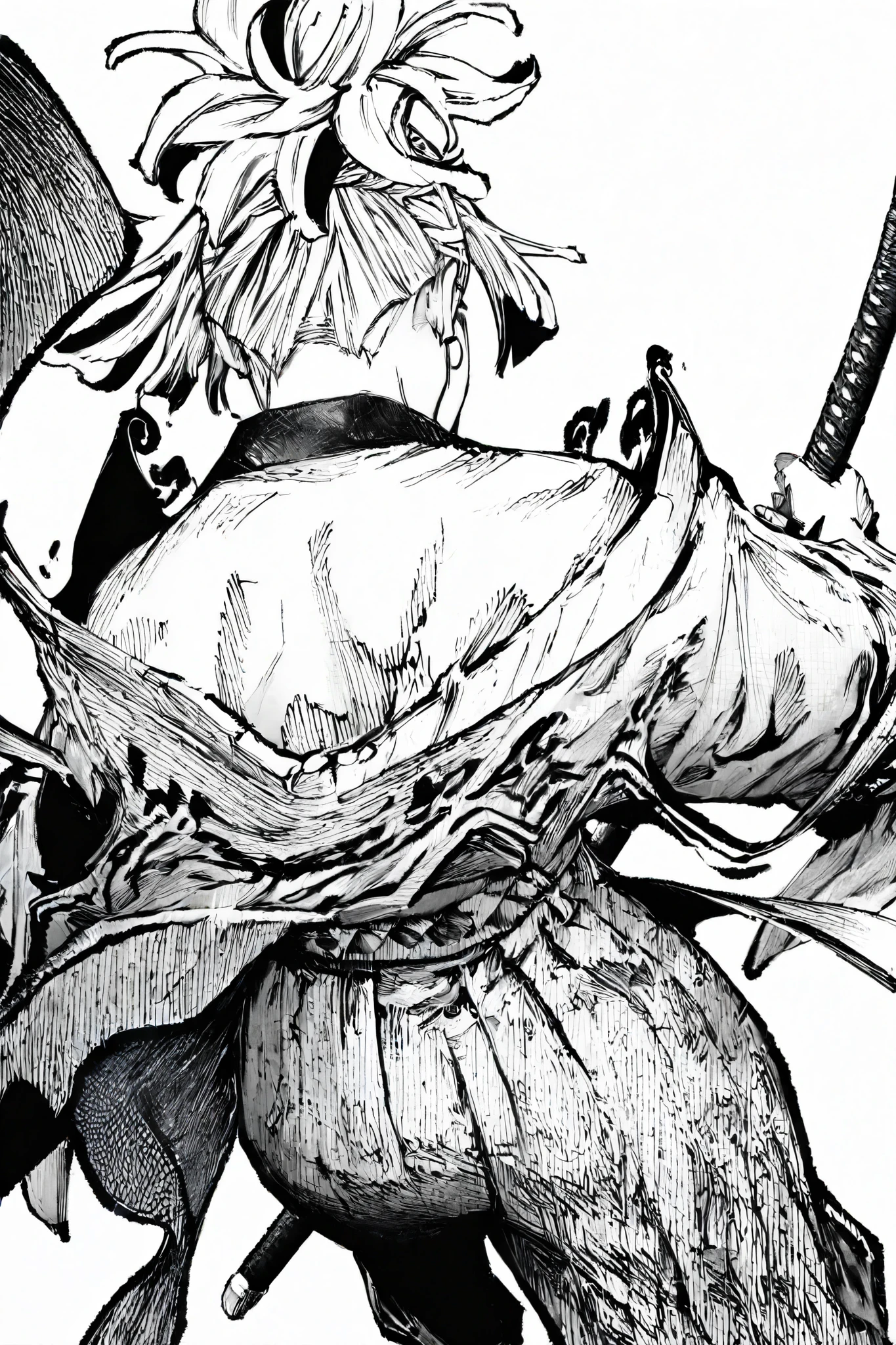 HDR, 8K, high contrast, masterpiece, best quality, amazing quality, very aesthetic, anime artstyle, realistic, hentai art, newest,
BREAK
bounce light, hyperdetailed, detailed hair strands, detailed fibers, monochrome, greyscale, line art, manga, Kentaro Miura, Berserk art style
masterpiece, semi-realism, hyper detailed hatching,
foreshortening, perspective, dynamic angle, dynamic perspective angle, very aesthetic, Dynamic pose, white background,
1girl, holding katana, from behind, unsheathing blade, looking to side, flowing garments, bun hairstyle, white hair, back to viewer, greyscale, monochrome