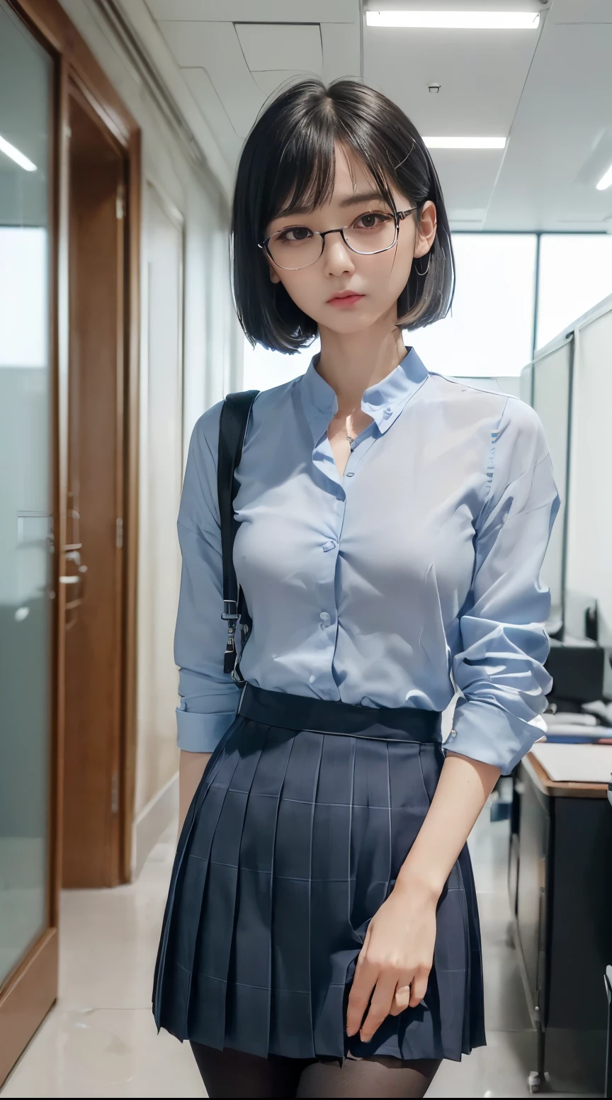 (masutepiece, Best Quality, Capture super cute moments, depth of fields, ultra-detailliert, Ultra High Resolution, C4D, Octadale, 3D Modeling, 8K, 16 K, one girls、a junior high school student、A dark-haired、short-hair、straight haired、Light brown eyes,hair adornments、wearing black glasses、A smile)、Slender body、small tits、Officelady、Light blue blouse、tight skirts