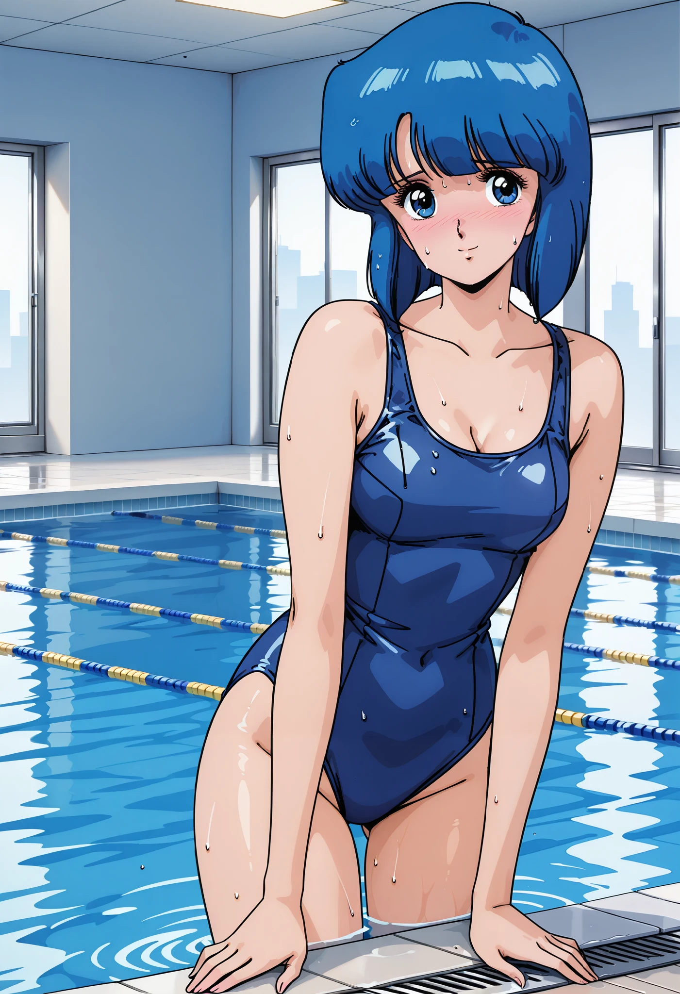LynnMinmay, 1girl, solo, black hair, cowboy shot, ultra-detailed, best quality, masterpiece, illustration, game cg, one-piece swimsuit, looking back at viewer
