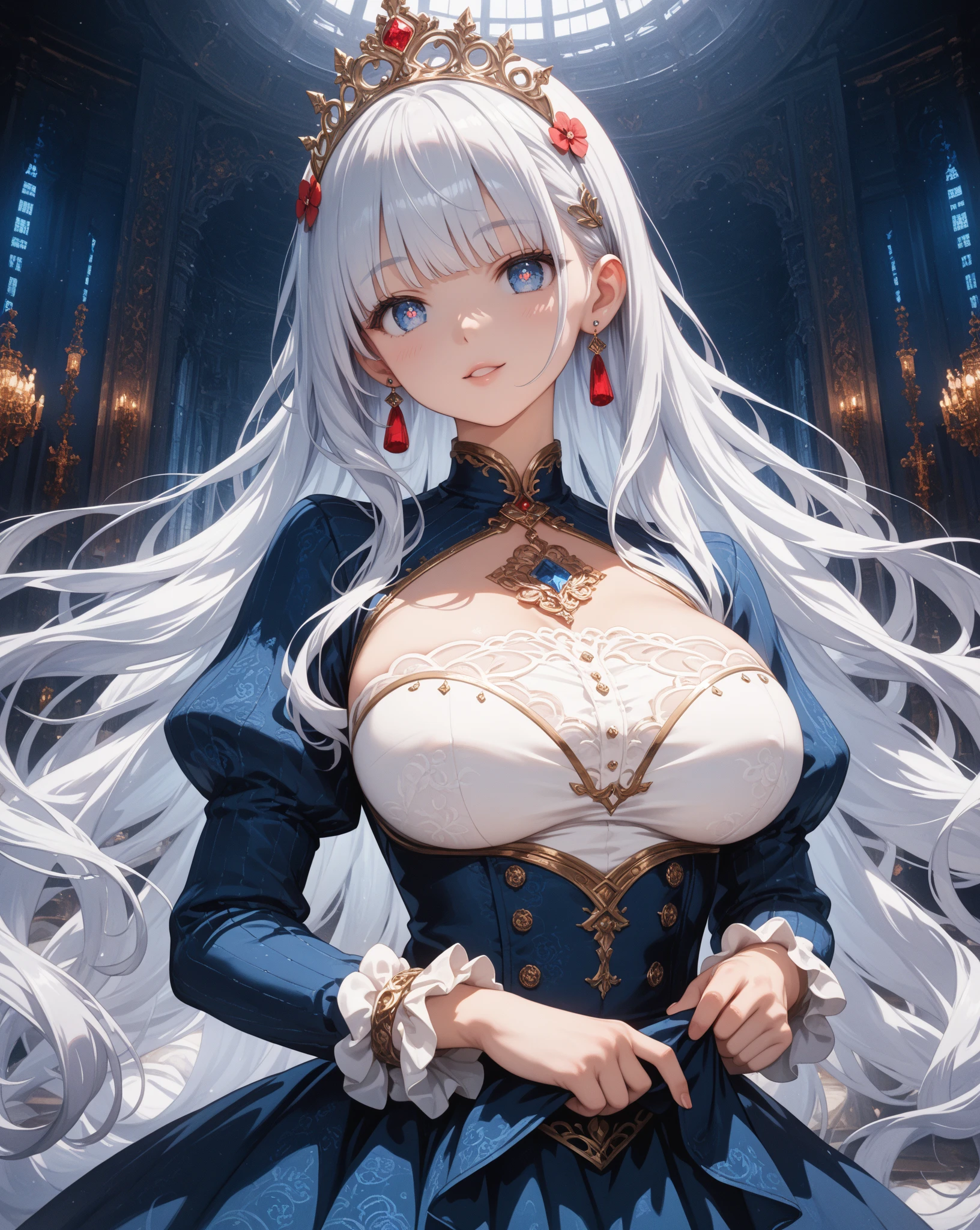 anime artstyle,Masterpiece,(Best Quality), (Super Detail),(Very Delicate and Beautiful),(Solo),((full body portrait)),full body,full body portrait,(detailed face and eyes),jewel-like beautiful eyes,((frilled and jeweled rococo ballgown)),((1 princess in a beautiful embroidery and jeweled gorgeous rococo ballgown with voluminous full length hoop skirt)),((Crinoline)),super detailed gorgeous rococo ballgown with frilled voluminous full length hoop skirt,((large amount of straight hair,extremely voluminous Very Long straight Hair,Absolutely Long Straight Hair)),(gigantic boobs,cleavage),(fantasy castle,outdoors,outside the castle),long_gloves,extremely gorgeousfull hair ornament,bling-bling extremely gorgeousfull jeweled tiara,((luxurious jewelry)),full body portrait