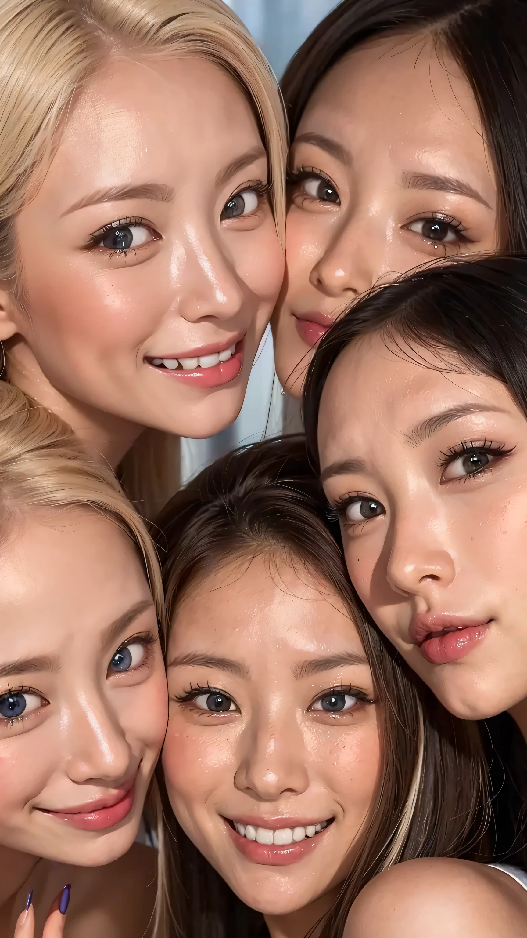 face close-up 8k ,Realistic Skin High Quality、 very smiling、 has a clear face、 has a clear face 、I want to make each part beautiful、Smile Closeup Ultra Clear 、 eyes match 、staring at me、 I'm looking at close-ups。My Face 、 すべての eyes match、 、I want to get close to beautiful women nearby 、 ,Look at me with a smile , beautiful platinum colored hair 、 pose 、 4 beautiful women looking at me、 I'm watching in close-up、I want to make eye contact with everyone, my lips are sticking out