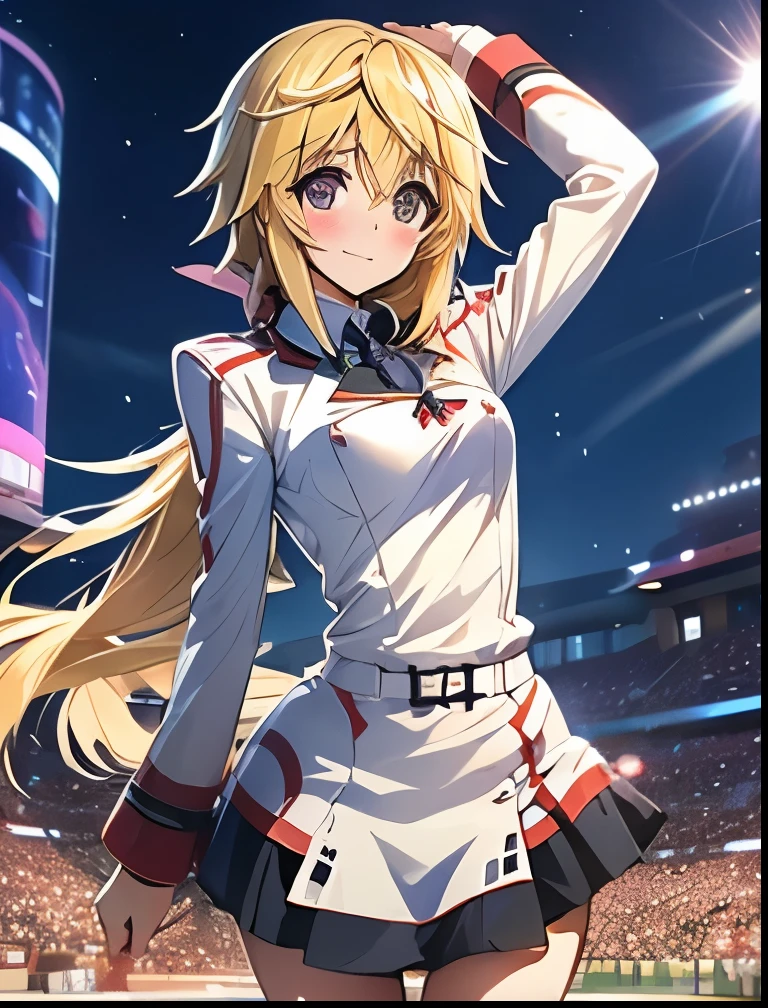 (((SFW、Highest quality、 first class masterpiece 、 Normal Body 、8k、 detailed face 、 super precise、 real color 、5refer to、Highest)))、Charlotte Dunois Charlotte Dunois/ Infinite Stratos、Beautiful Girl、blond hair、ponytail、slender、 slim、 can be used、White School Uniform、super miniskirt、 Panchira、Navel finger 、Pick your own skirt and roll it up、embarrassed blush