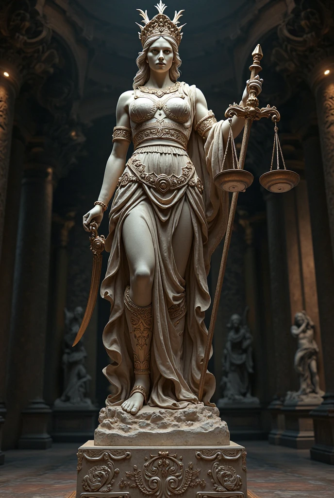 There is a sculpture in the temple,The sculpture shows a balance held in the left hand,Hold a sword in your right hand,Themis, the god of justice with black eyes, exudes a sacred and inviolable sense of justice