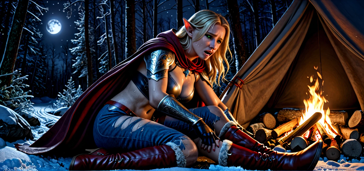 4k highly detailed realistic digital extremely high quality RAW photograph, a portrait photo of margot robbie that lived with wolves her whole life is now leading them to battle. torn clothes exposing (nude:1.4) body, armored pauldrons, fangs, curled horns, big breasts, ((snow and blood)), ((wolf tattoos)), epic, hyperrealistic, hyperrealism, 8k, cinematic lighting, greg rutkowski, wlop, (f1.8 short focus bokeh)