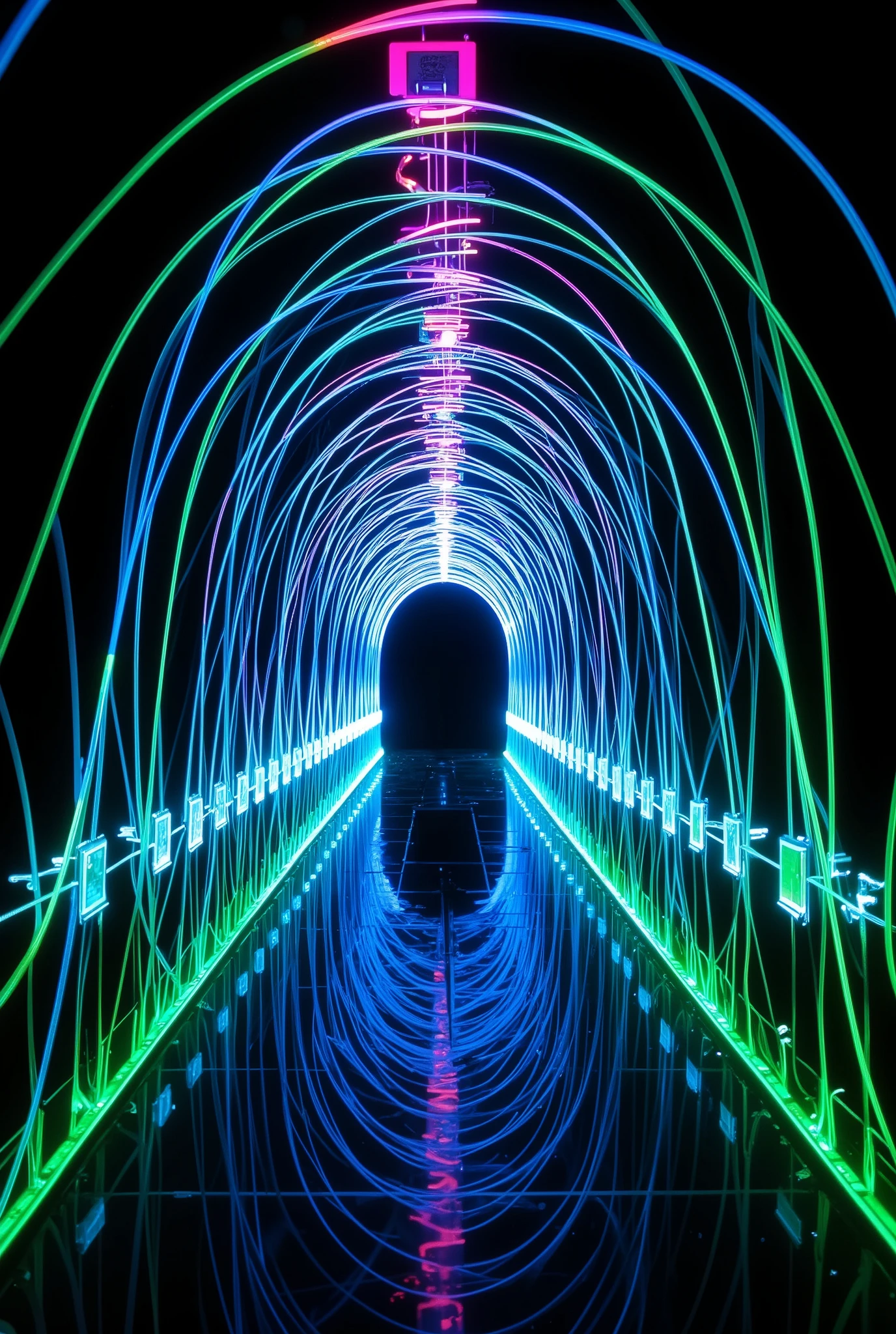 (Illumination glow line art, sharp line illumination), ((dynamic shot), ((A beautiful illumination Portal without substance, drawn with the lines of a multicolored light-emitting diode), Maximize transparency, clean line illumination, clear green line illumination glow)), Convert the reflection of light into pure colored light, A world composition without substance,