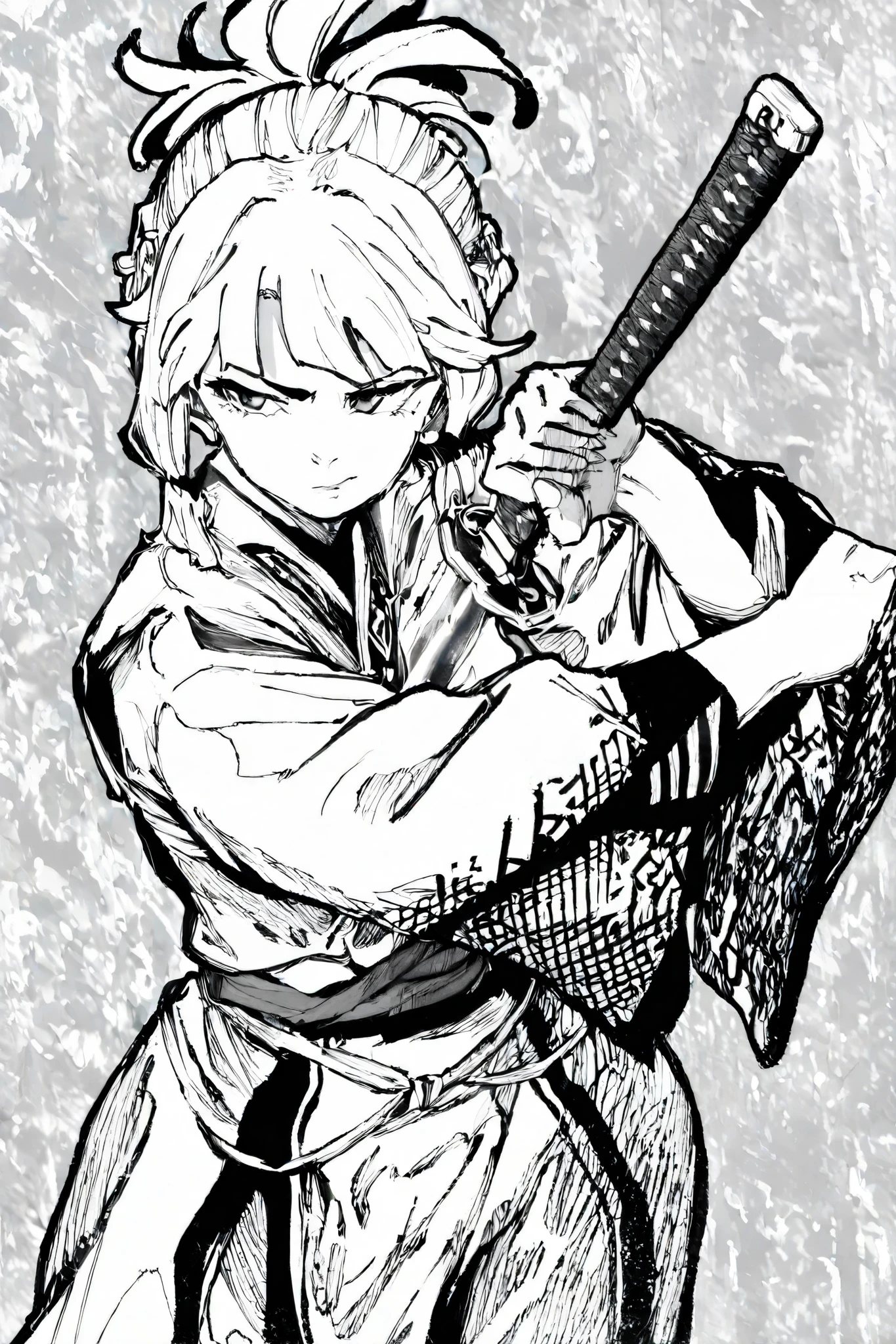 HDR, 8K, high contrast, masterpiece, best quality, amazing quality, very aesthetic, anime artstyle, realistic, hentai art, newest,
BREAK
bounce light, hyperdetailed, detailed hair strands, detailed fibers, monochrome, greyscale, line art, manga, Kentaro Miura, Berserk art style
masterpiece, semi-realism, hyper detailed hatching,
foreshortening, perspective, dynamic angle, dynamic perspective angle, very aesthetic, Dynamic pose, white background,
1girl, holding katana, from behind, unsheathing blade, looking to side, flowing garments, bun hairstyle, white hair, back to viewer, greyscale, monochrome