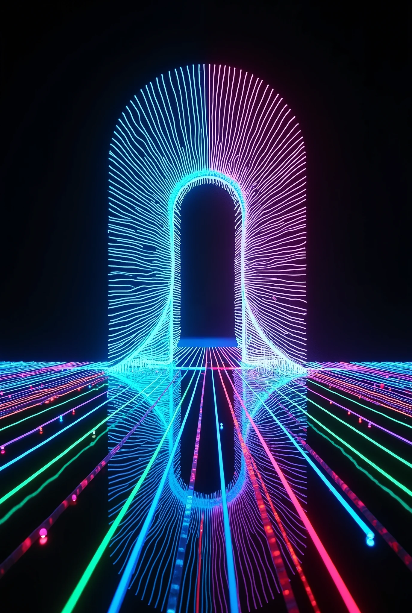 (Illumination glow line art, sharp line illumination), ((dynamic shot), ((A beautiful illumination Portal without substance, drawn with the lines of a multicolored light-emitting diode), Maximize transparency, clean line illumination, clear green line illumination glow)), Convert the reflection of light into pure colored light, A world composition without substance,
