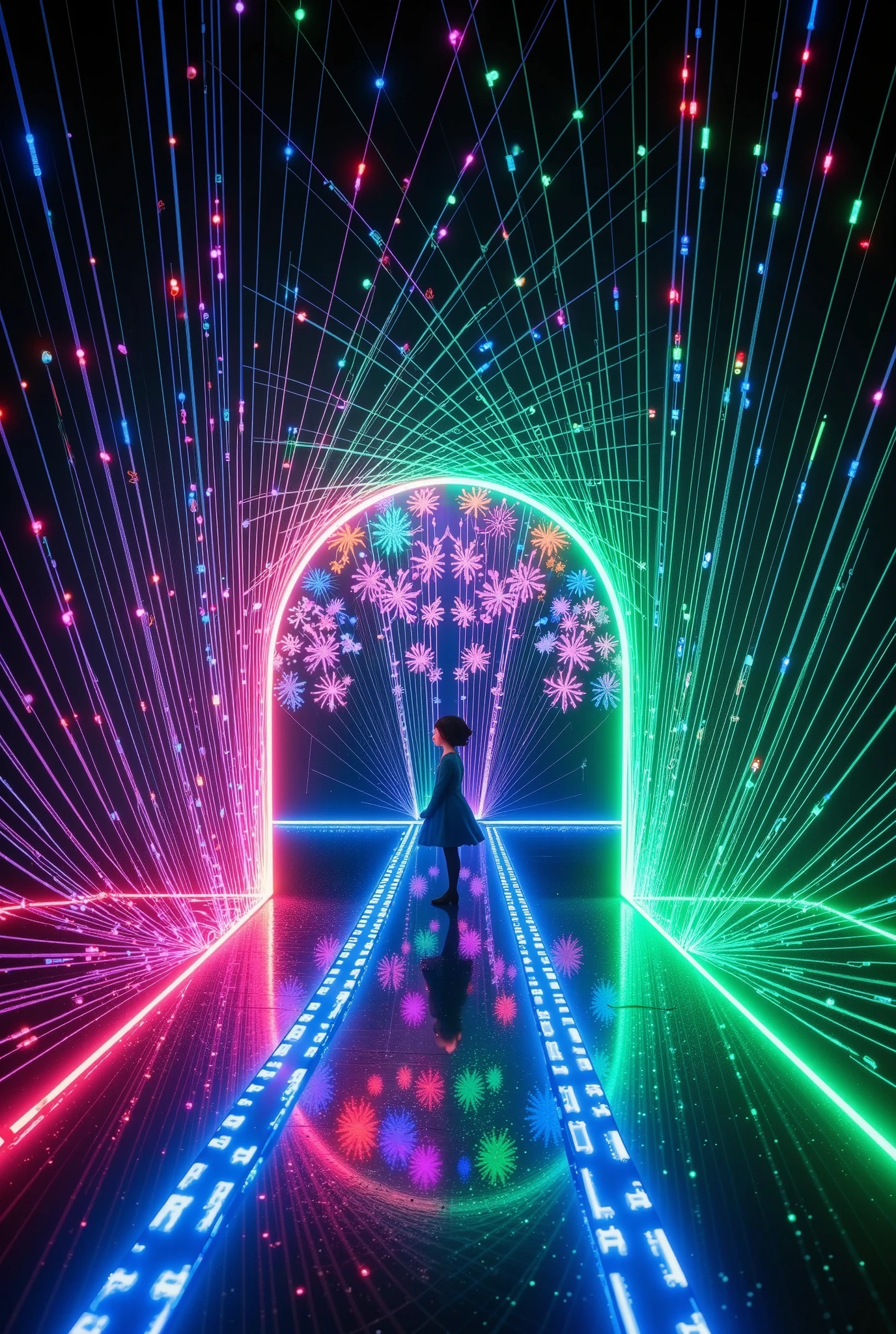 (Illumination glow line art, sharp line illumination), ((dynamic shot), ((A beautiful illumination Portal without substance, drawn with the lines of a multicolored light-emitting diode), Maximize transparency, clean line illumination, clear green line illumination glow)), Convert the reflection of light into pure colored light, A world composition without substance,