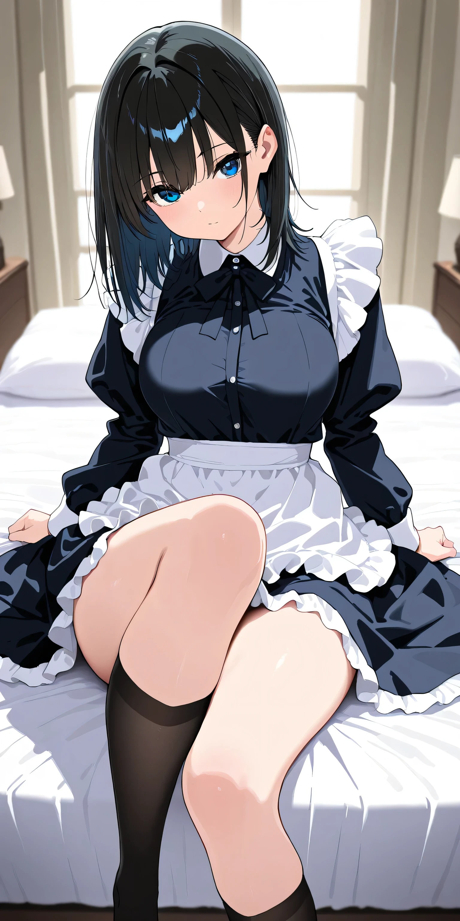 masterpiece, best quality, high resolution, high details, beautiful girl, perfect face, very cute face, (cool girl), Rurikawa Tsubaki, 1 girl, solo, she is maid, slender, round body, (medium hair, shoulder length hair, the mean girl leader hair style, black hair, glossy hair), blue eyes, look at viewer, she is wearing maid clothes and skirt, busty breasts, soft breasts, bedroom, (she is lying on bed, open legs), pov, focus a girl