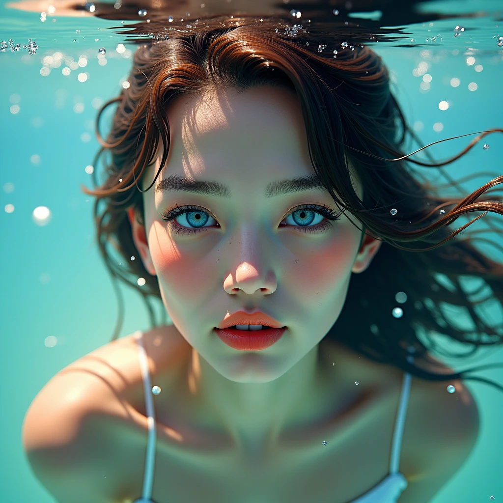(abstract art:1.5), (soft light, soft glow:0.8), 1Girl in, Silver for short hair, dark eyes, perfect skin, perfect face, Big breasts, wet shirt, night, sexy, tranquil atmosphere,liquids:1.3, Floating in the sea,Satisfied face, full-body shot, nsfw
