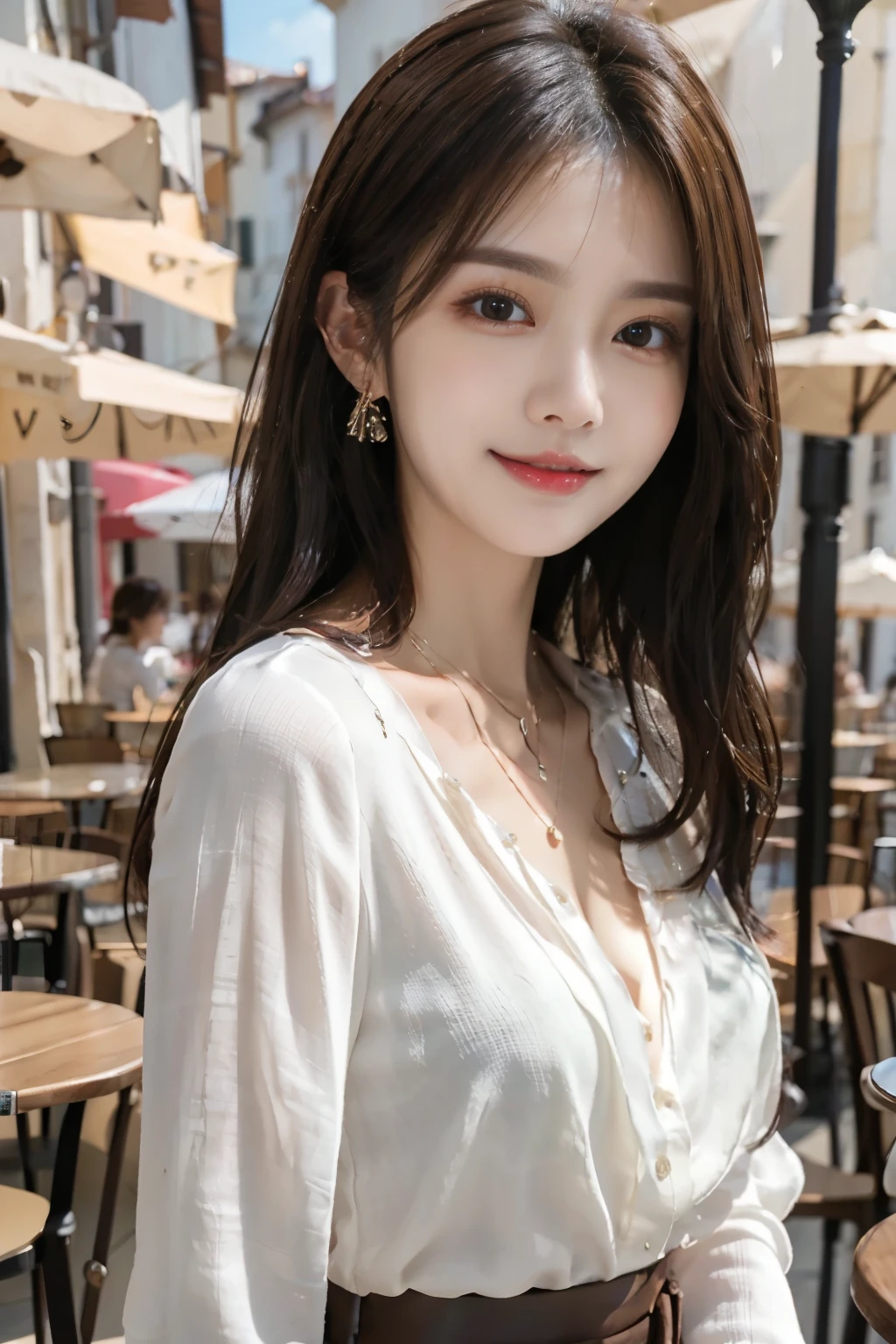 masutepiece, Best Quality, Photorealsitic, finely detail, hight resolution, 8K Wallpapers, Perfect dynamic composition, (((Kuroko under the left eye)))、sharpnes, A hyper-realistic, Beautiful detailed eyes, Medium Hair,lash perm、eyeshadows、Red Lip、 Random Poses, A white blouse that shows off your chest:1.3, A smile, open open mouth, Resort scenery, 28 year old, Beauty, japanes, Chain Necklace, large earring, Shooting from front