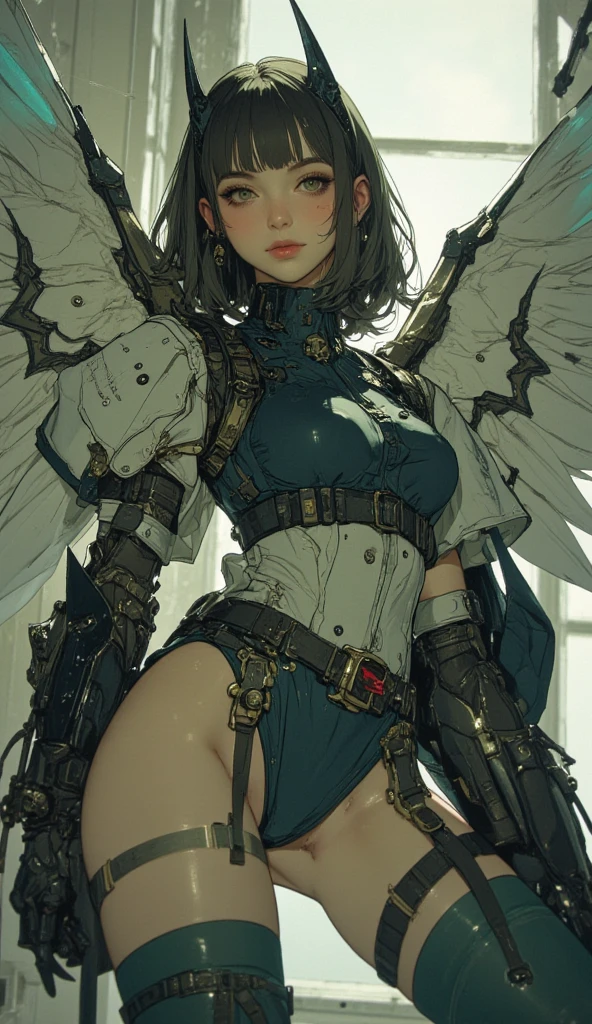 <lora:Anchemecha:0.6>, anchemixmecha, best quality, masterpiece, illustration, realistic, photo-realistic, amazing, finely detail, incredibly absurdres, huge filesize, ultra-detailed, highres, extremely detailed CG unity 8k wallpaper, (nsfw:1.2), (nude:1.1), mecha musume, breast cutout, pussy cutout, mechanical wings, mechanical halo, factory, sexually suggestive, presenting pussy, spread legs, leg up, suggestive fluid, vaginal object insertion, sex machine, hands on own thighs, A beautiful young woman with Korean-style facial features resembling a popular actress.