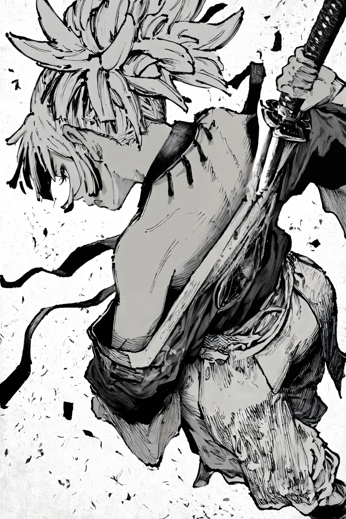 HDR, 8K, high contrast, masterpiece, best quality, amazing quality, very aesthetic, anime artstyle, realistic, hentai art, newest,
BREAK
bounce light, hyperdetailed, detailed hair strands, detailed fibers, monochrome, greyscale, line art, manga, Kentaro Miura, Berserk art style
masterpiece, semi-realism, hyper detailed hatching,
foreshortening, perspective, dynamic angle, dynamic perspective angle, very aesthetic, Dynamic pose, white background,
1girl, holding katana, from behind, unsheathing blade, looking to side, flowing garments, bun hairstyle, white hair, (back to viewer: 1.0), greyscale, monochrome
