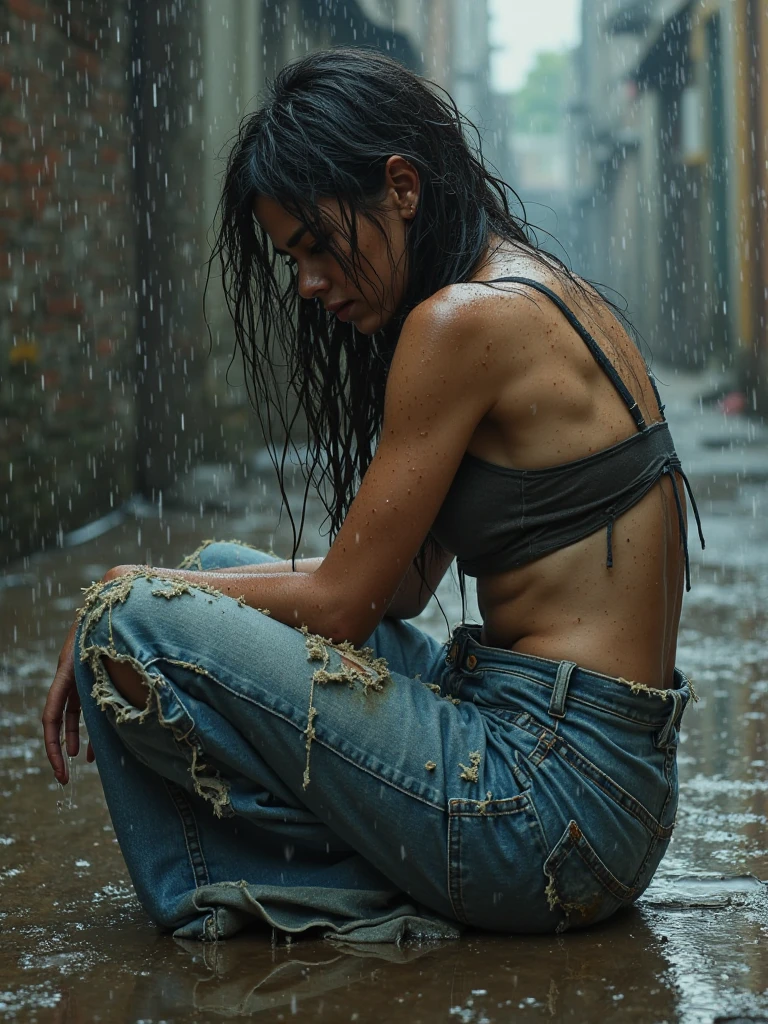 best image quality, masterpiece, super high resolution, (fidelity:1.4), photo, 1 girl, (skinny ebony girl, 20 years old, most beautiful ebony girl in the world, dark skin, black hair, dreadlocks hair, dreadlocks), white shirt, torn jeans, white sneakers, dim, darkness, despair, pity, poor, movie, tears, teardrops, (torn clothes:1.5), (wet clothes:1.4), bare shoulders, real rain, wet hair,..