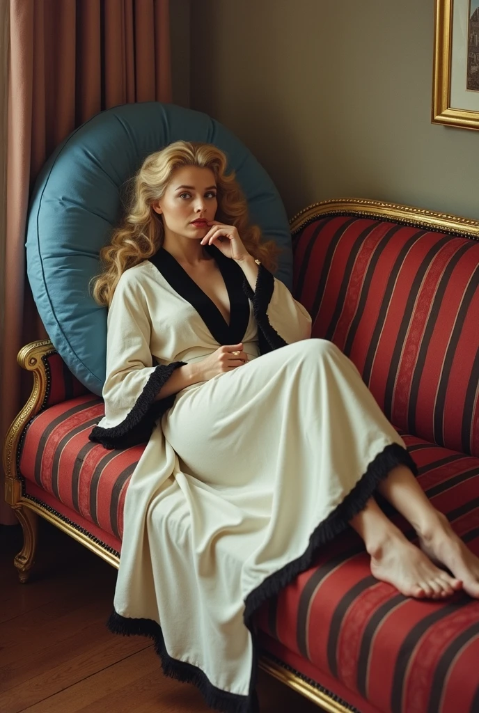 a blonde woman sitting in an armchair, drinking tea, anxious expression, detailed facial features, photorealistic, cinematic lighting, muted colors, moody atmosphere, oil painting, highly detailed, masterpiece, 8k