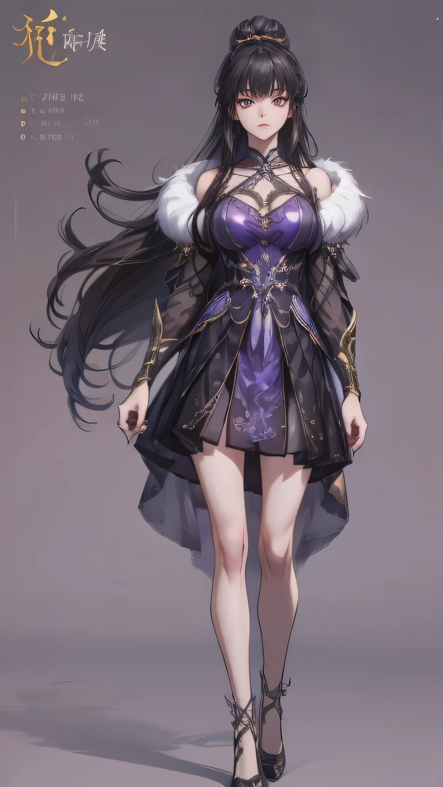  Masterpiece , best quality,  1 Xiao Wu ,  Face Color Looks Cool ,  Strong, Golden Left Eye , Red Right Eye , Long hair, Black hair,  Firm Eyes ,  Simple Uniform ,  Black Long Earrings ,  Chinese ,  Front, back, left, right Photo ,  simple background,  purple Background , Anime, illustration, Full body , bun hair , black fluffy animal coat on shoulders , tiny girl , head shot , big breasts , purple eyes , short , character sheet , detail dress