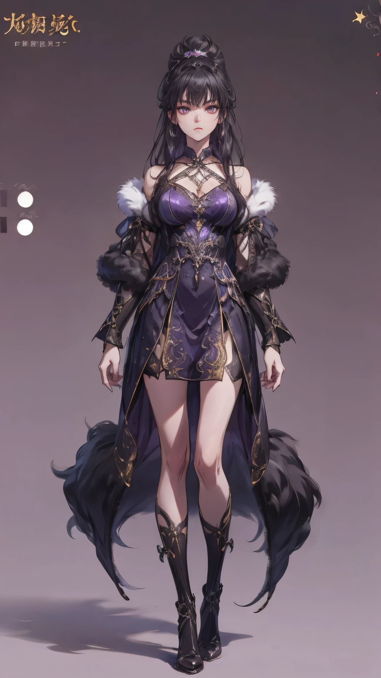 Masterpiece , best quality, 1 Xiao Wu , Face Color Looks Cool , Strong, Golden Left Eye , Red Right Eye , Long hair, Black hair, Firm Eyes , Simple Uniform , Black Long Earrings , Chinese , Front, back, left, right Photo , simple background, purple Background , Anime, illustration, Full body , bun hair , black fluffy animal coat on shoulders , tiny girl , head shot , big breasts , purple eyes , short , character sheet , detail dress