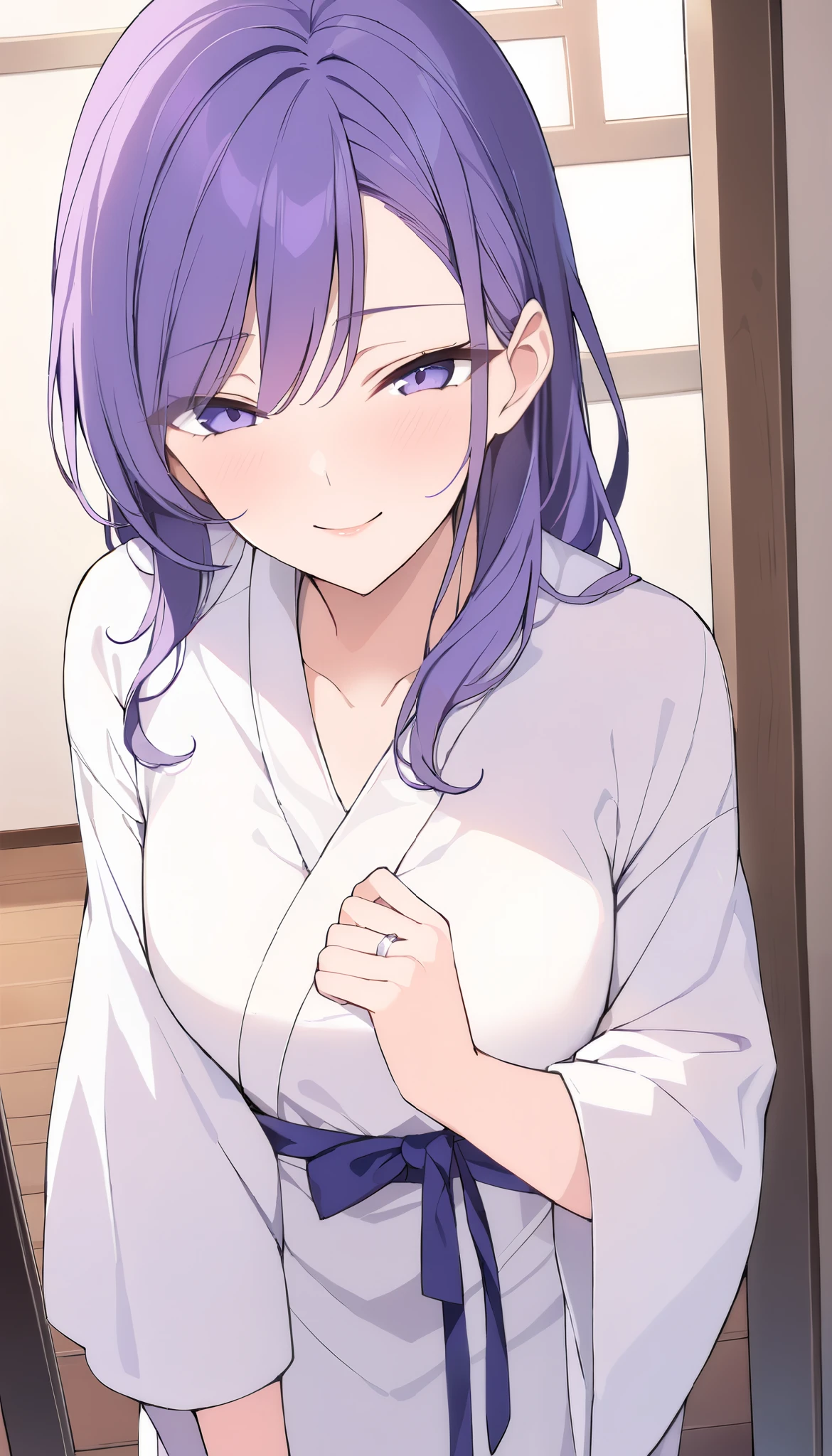 (masterpiece, Highest_quality:1.2), 1 girl, Alone, mature woman, tsub, long hair, purple hair, (housewife:1.5, ring, robe, wedding ring), beautiful eyes, focusing on women, watching viewers, , very small breasts, Chest, wide hips, (front view:1.5) ((close-up shot)) ((Alone)) Details, very high resolution , No blurry images , (Cowboy Shooting), standing, beautiful, elegant, gentle expression, 複雑なDetails, Details background, indoors:1.3、( naughty face on the floor:1.1)