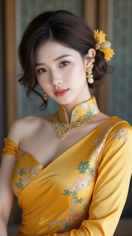 (best quality,4k,8k,highres,masterpiece:1.2),ultra-detailed,(realistic,photorealistic,photo-realistic:1.37),portrait,stunning Burmese patterned traditional dress lady,beautifully adorned,eye-catching brocade patterns,rich and vibrant colors,detailed embroidery work,exquisite textures,meticulously handcrafted dress,vividly captures the essence of Burmese culture,traditional floral motifs,graceful silhouette,fine folds and pleats,accentuates the lady's elegance,black single bun hair with flower,intricately arranged hairpiece,delicate and feminine,adds a touch of sophistication,soft yet confident expression,deep and captivating eyes,lustrous lips with a hint of a smile,flawless complexion,golden accessories,polished and refined,mesmerizing presence,subtle lighting,dramatic shadows,showcases the lady's grace and beauty,immersive visual experience, naked lady