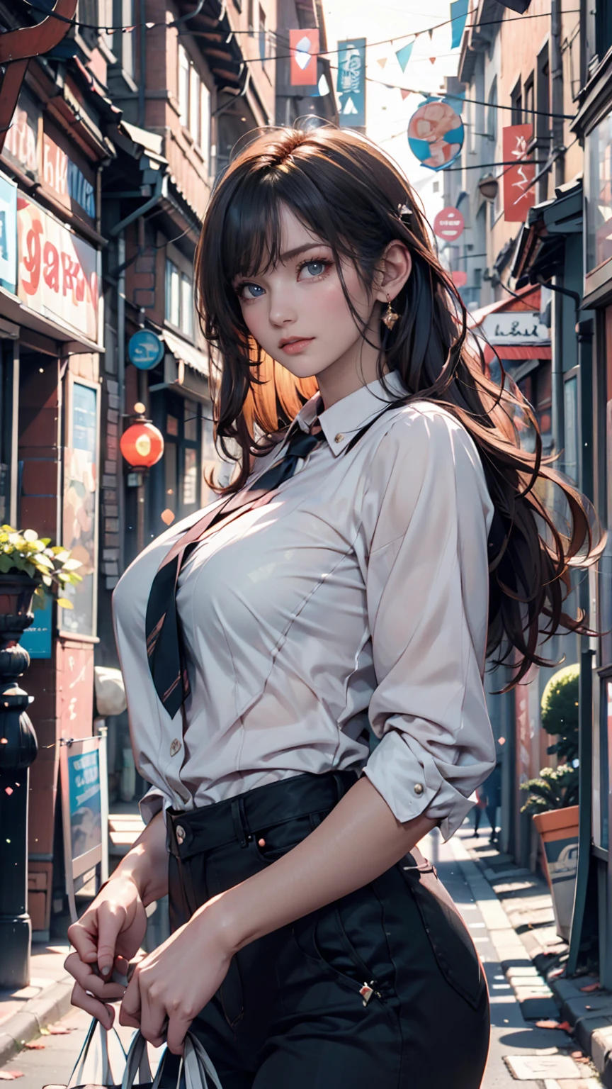 (((Realistic photograph))),, Portraiture, (Scary face:1.3),, beautiful girl, View your viewers, , (school uniform:1.2), Buttoned shirt and trousers, , (Cleavage:1),, On the streets of Japan, (Environment details:1.3),, (RAWphotograph, CG unity, photograph, ultra Realistic details, Sharp focus, Detailed skin,4K, High resolution, masterpiece, Highest quality, Realistic, Vibrant:1.2),, (8K,4K, 超High resolution, High resolution, Professional, movieのような, movie, dramatic),, (Anamorphic depth of field blur background), Detailed Background,