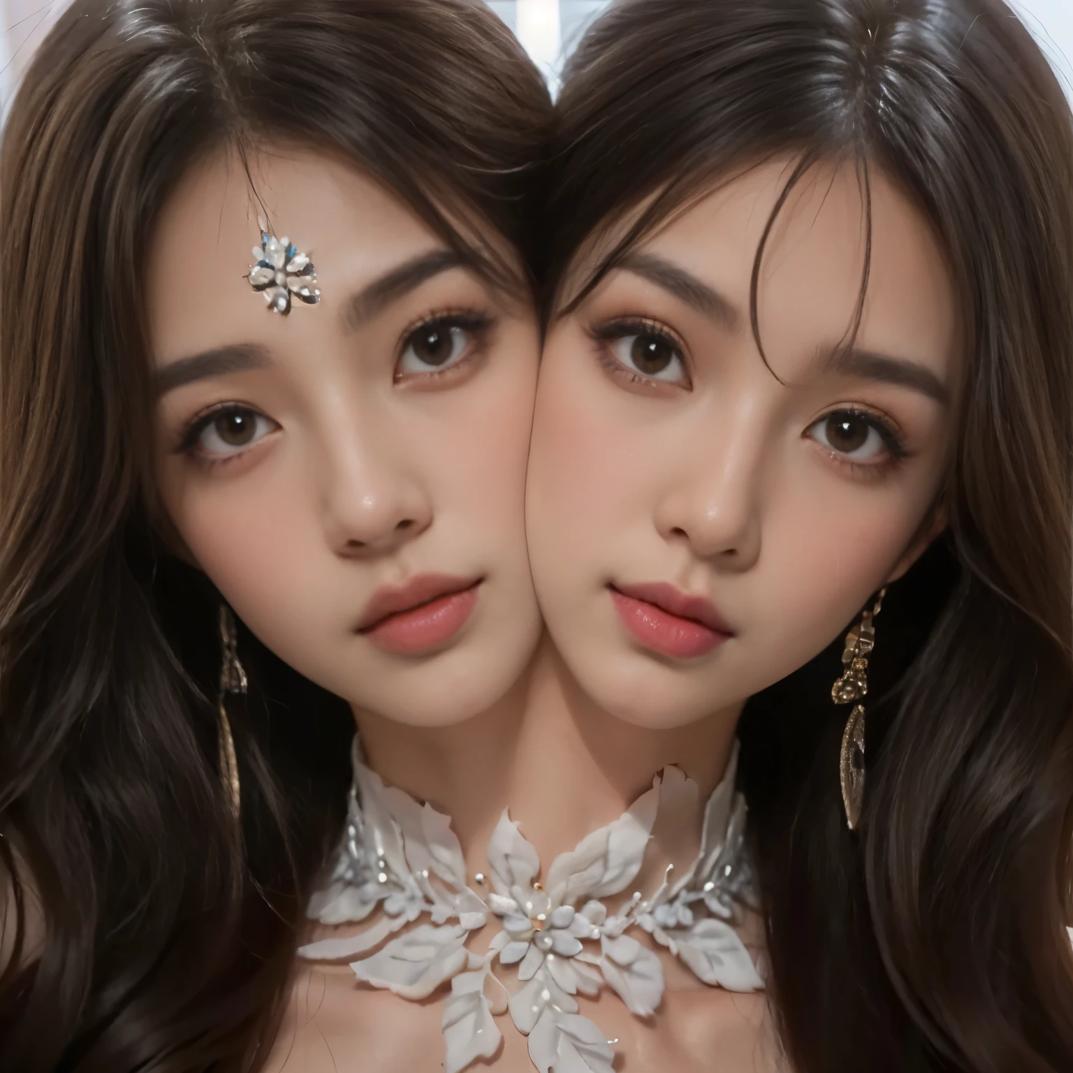 flowers and tiaras in hair, cherry blossoms, heavy jewellery, flowing hair 