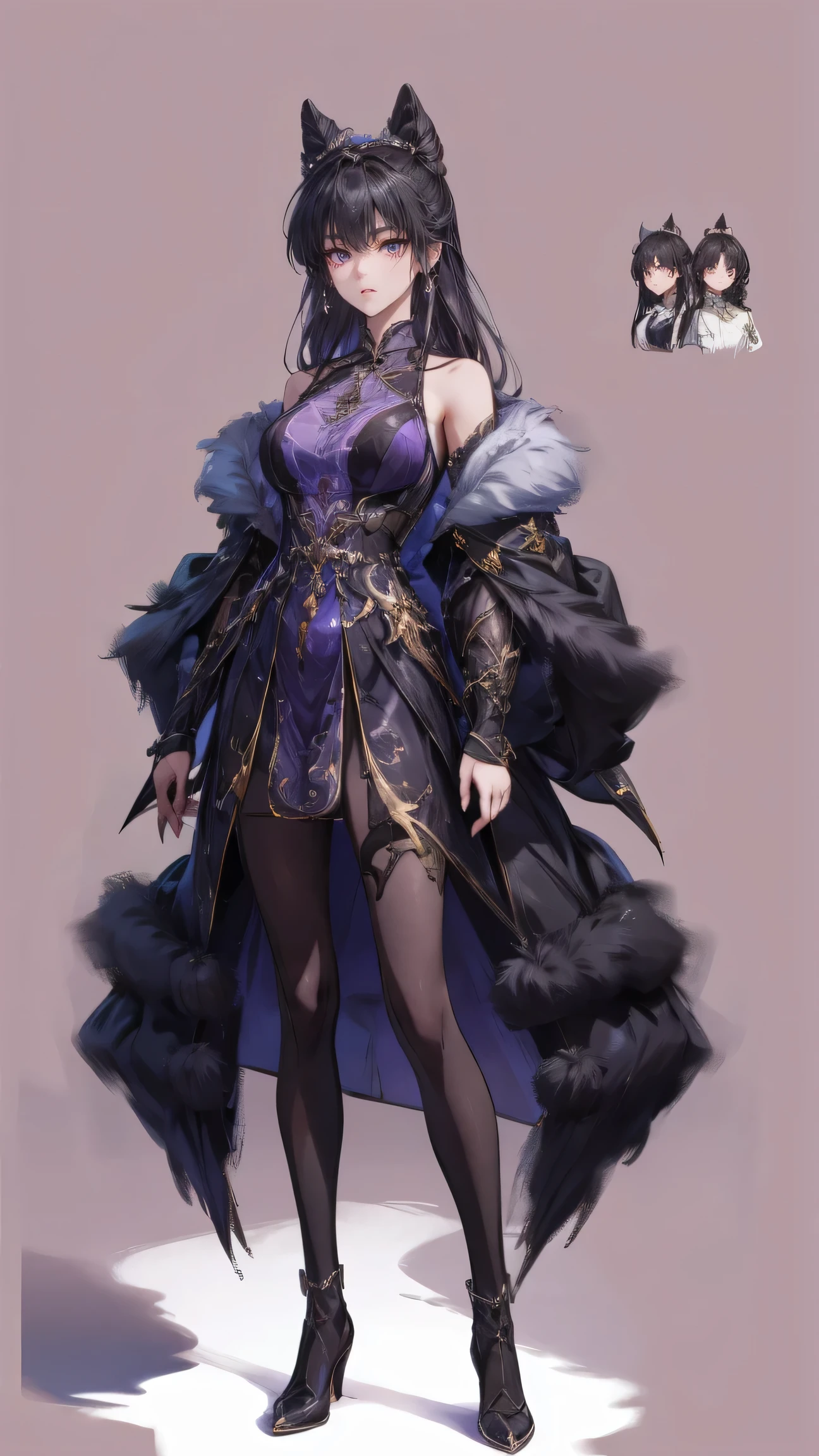  Masterpiece , best quality,  1 Xiao Wu ,  Face Color Looks Cool ,  Strong, Golden Left Eye , Red Right Eye , Long hair, Black hair,  Firm Eyes ,  Simple Uniform ,  Black Long Earrings ,  Chinese ,  Front, back, left, right Photo ,  simple background,  purple Background , Anime, illustration, Full body , bun hair , black fluffy animal coat on shoulders , tiny girl , head shot , big breasts , purple eyes , short , character sheet , detail dress