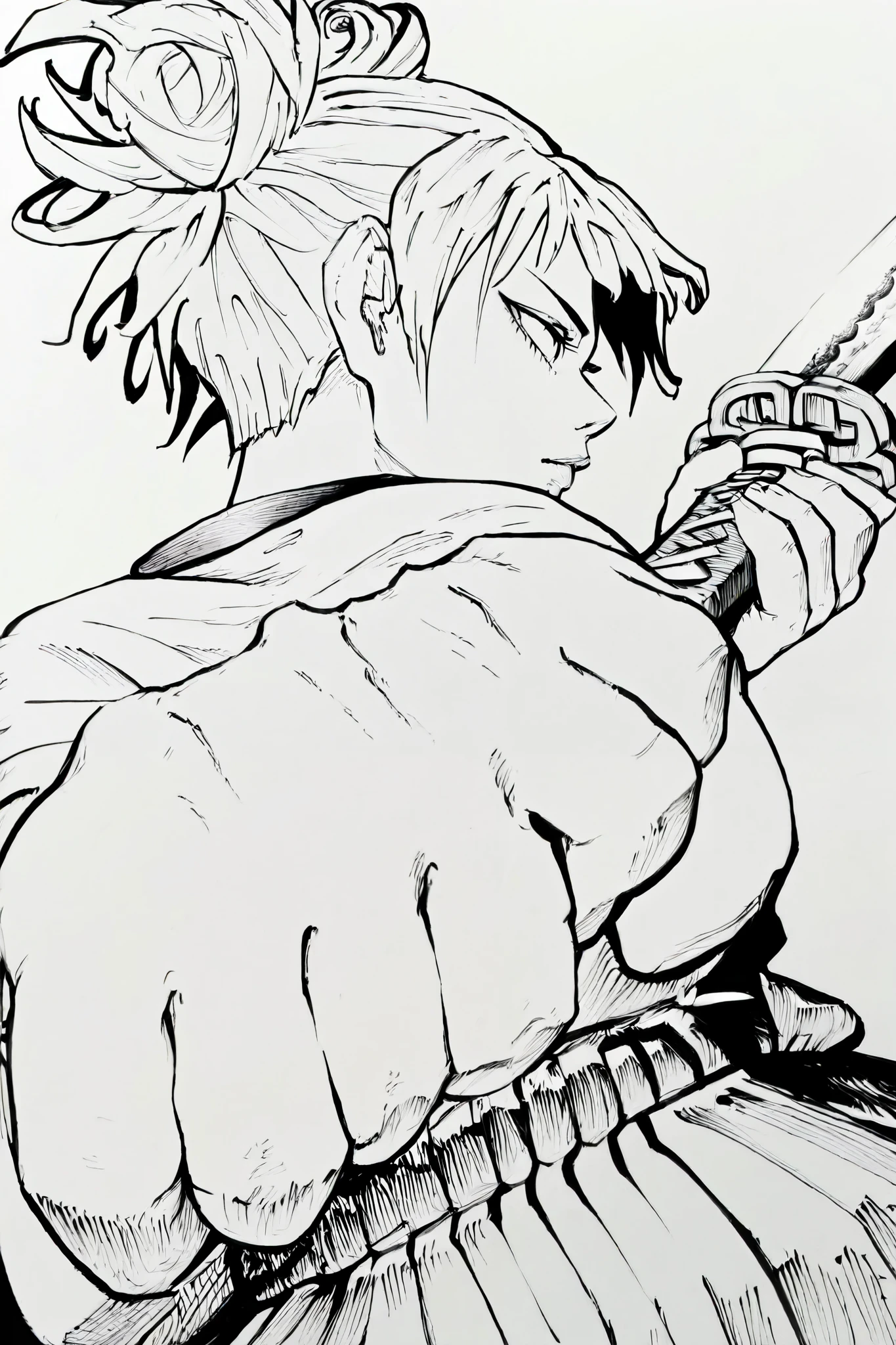 HDR, 8K, high contrast, masterpiece, best quality, amazing quality, very aesthetic, anime artstyle, realistic, hentai art, newest,
BREAK
bounce light, hyperdetailed, detailed hair strands, detailed fibers, monochrome, greyscale, line art, manga, Kentaro Miura, Berserk art style
masterpiece, semi-realism, hyper detailed hatching,
foreshortening, perspective, dynamic angle, dynamic perspective angle, very aesthetic, Dynamic pose, white background,
1girl, holding katana, from behind, unsheathing blade, sheathe, looking to side, flowing garments, bun hairstyle, white hair, (back to viewer: 1.0), greyscale, monochrome,