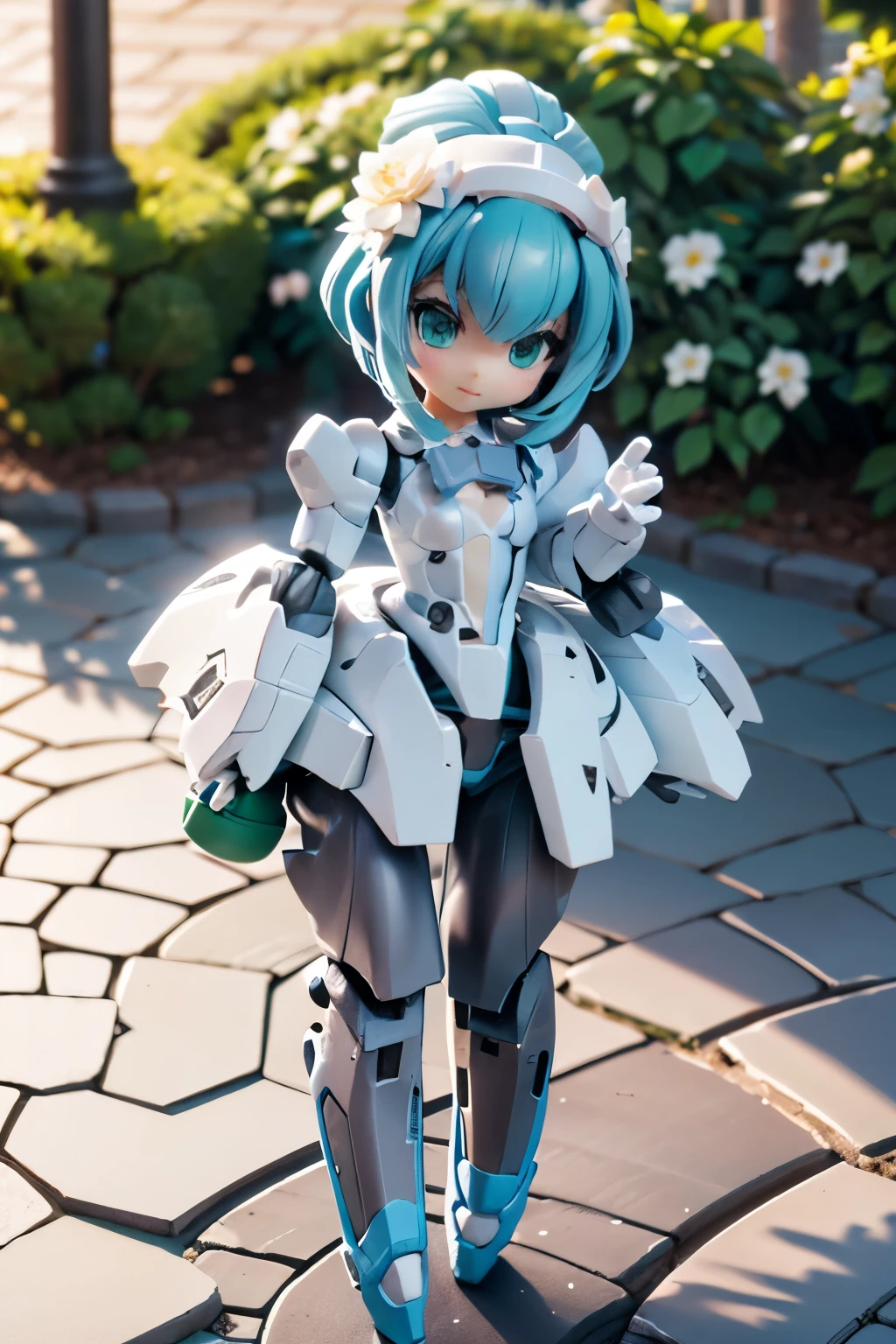 (Best Quality:1.2)。Robot Girl。one girl。Robot Girl。white cobblestone walkway like a maze composed of flower beds、stage、Aerial walkway 、handrail、 bench、channel with clean water composed of flower beds、squirt、beautiful green shrubbery composed of flower beds、I'm strolling through the、elegant garden labyrinth composed of flower beds。blue sky。 White Clouds 。