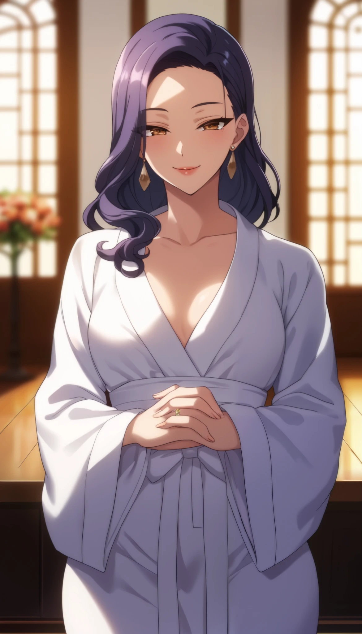 (masterpiece, Highest_quality:1.2), 1 girl, Alone, mature woman, tsub, long hair, purple hair, (housewife:1.5, ring, robe, wedding ring), beautiful eyes, focusing on women, watching viewers, , very small breasts, Chest, wide hips, (front view:1.5) ((close-up shot)) ((Alone)) Details, very high resolution , No blurry images , (Cowboy Shooting), standing, beautiful, elegant, gentle expression, 複雑なDetails, Details background, indoors:1.3、( naughty face on the floor:1.1)