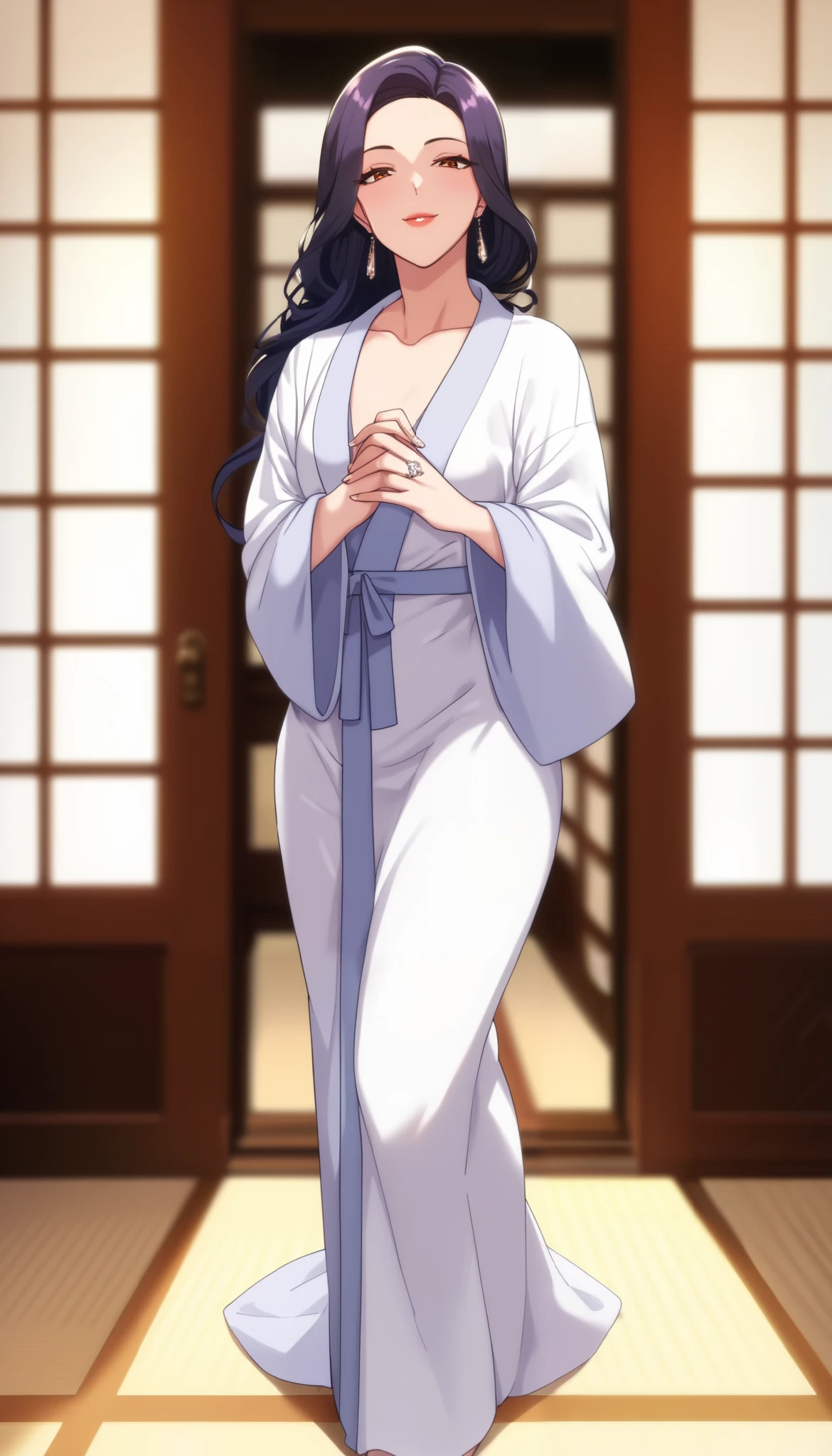 (masterpiece, Highest_quality:1.2), 1 girl, Alone, mature woman, tsub, long hair, purple hair, (housewife:1.5, ring, robe, wedding ring), beautiful eyes, focusing on women, watching viewers, , very small breasts, Chest, wide hips, (front view:1.5) ((close-up shot)) ((Alone)) Details, very high resolution , No blurry images , (Cowboy Shooting), standing, beautiful, elegant, gentle expression, 複雑なDetails, Details background, indoors:1.3、( naughty face on the floor:1.1)